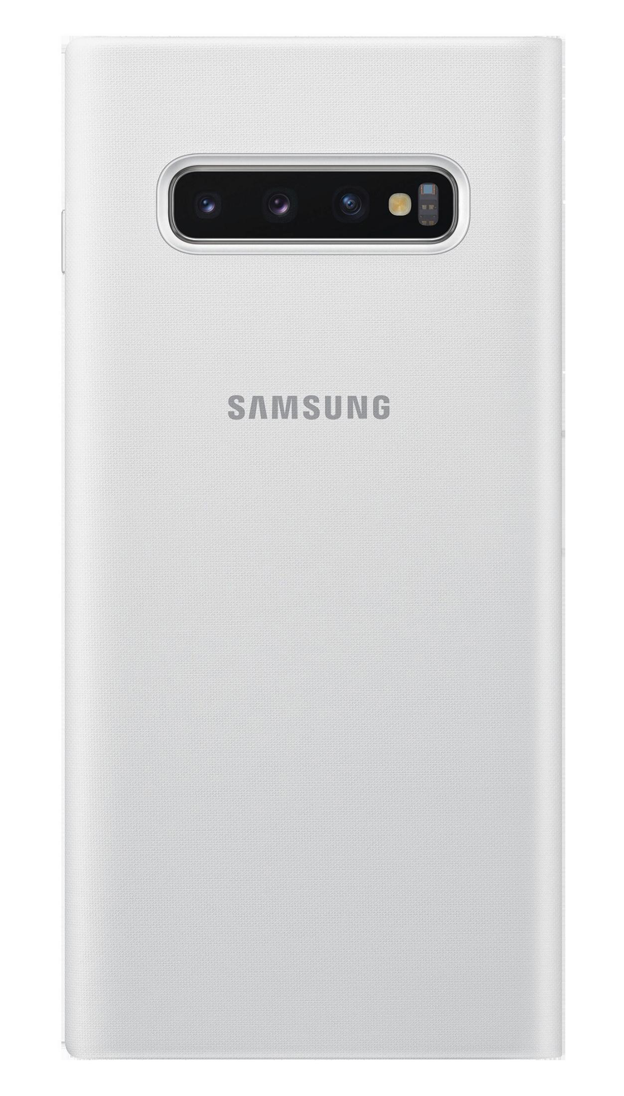 Funda blanca para teléfono con un teléfono Samsung, cámaras y el logo de Samsung.
