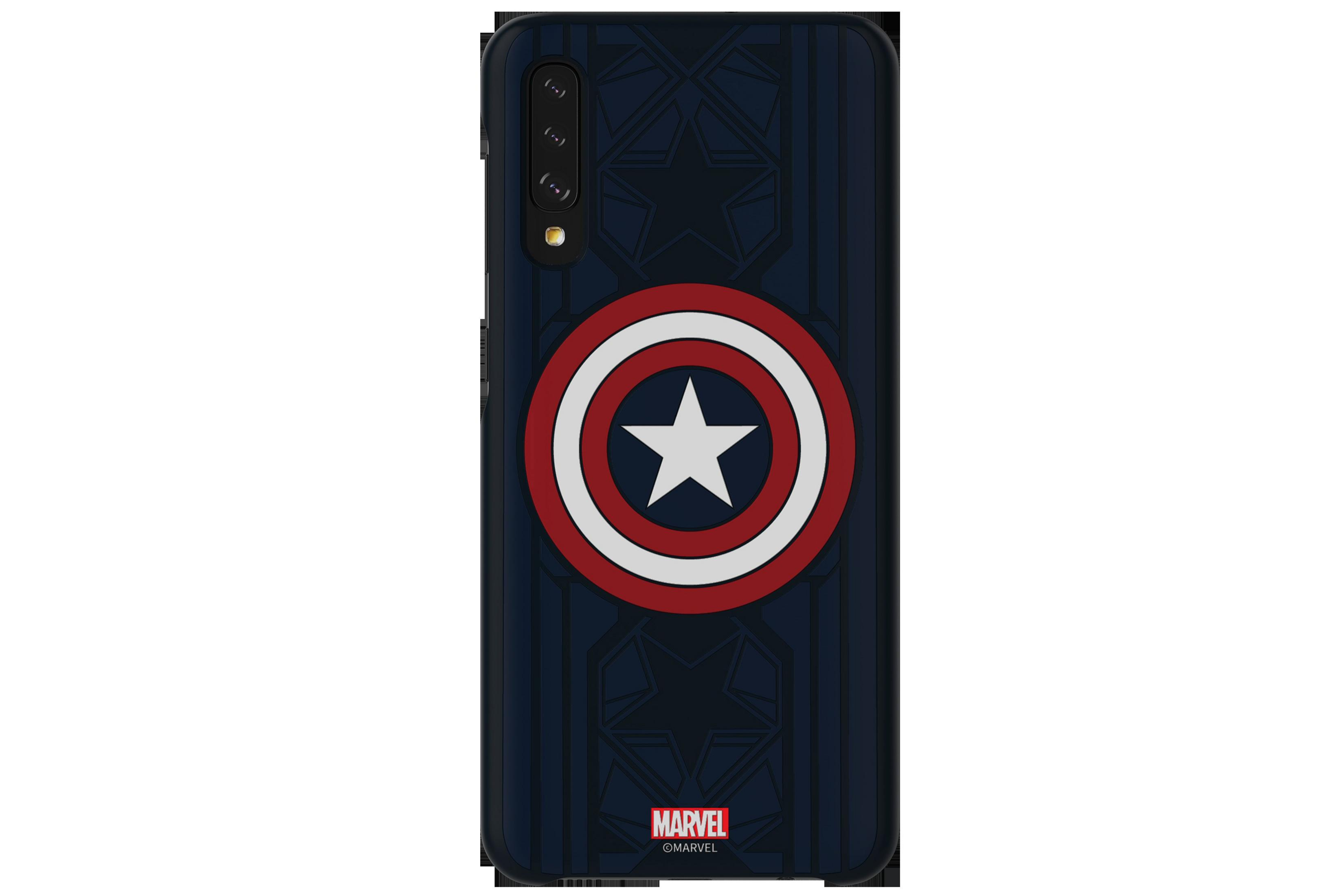 Funda azul para teléfono con escudo del Capitán América sobre fondo blanco.