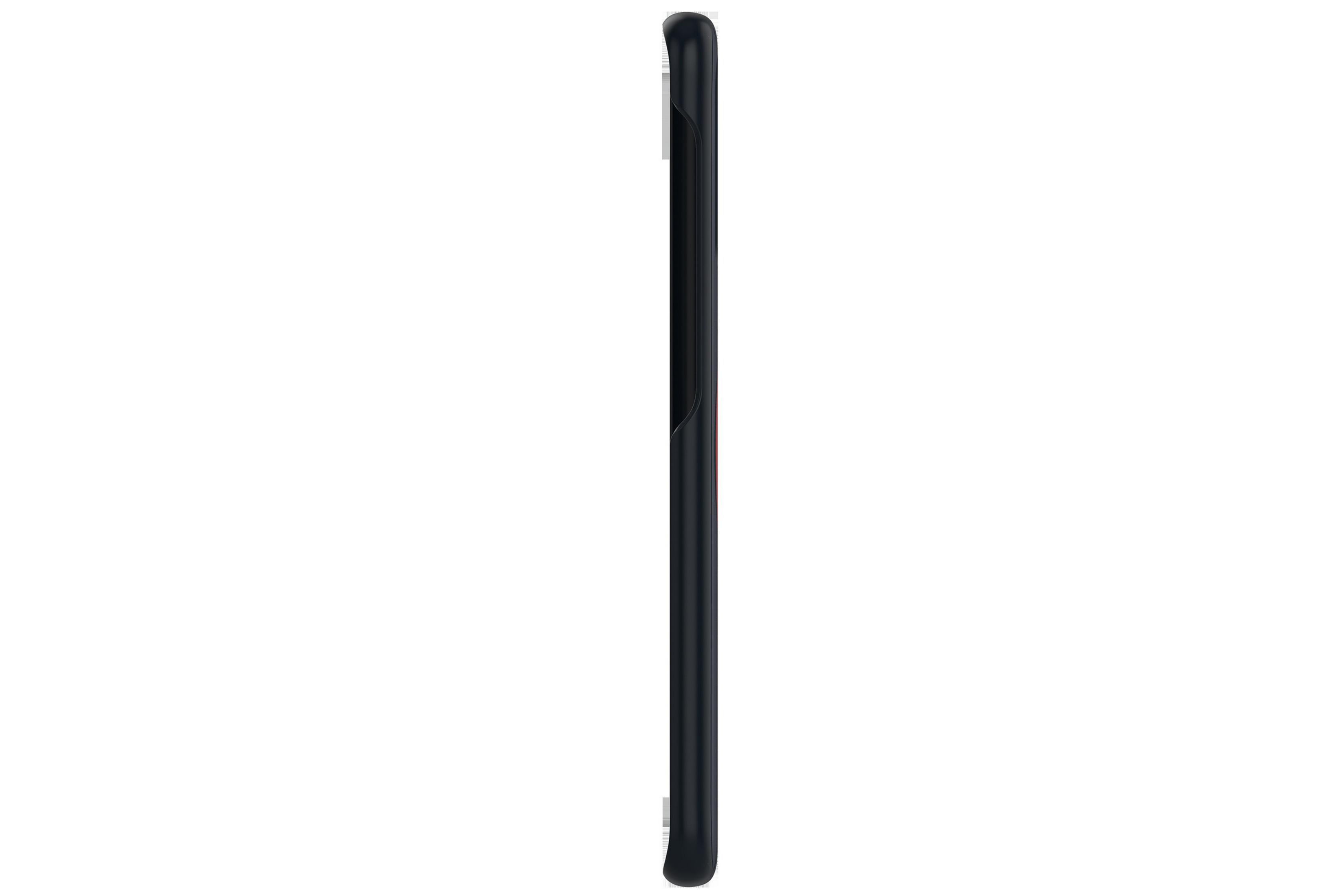 Una funda de teléfono negra, vista de lado. Tiene un marco negro y un acento rojo.