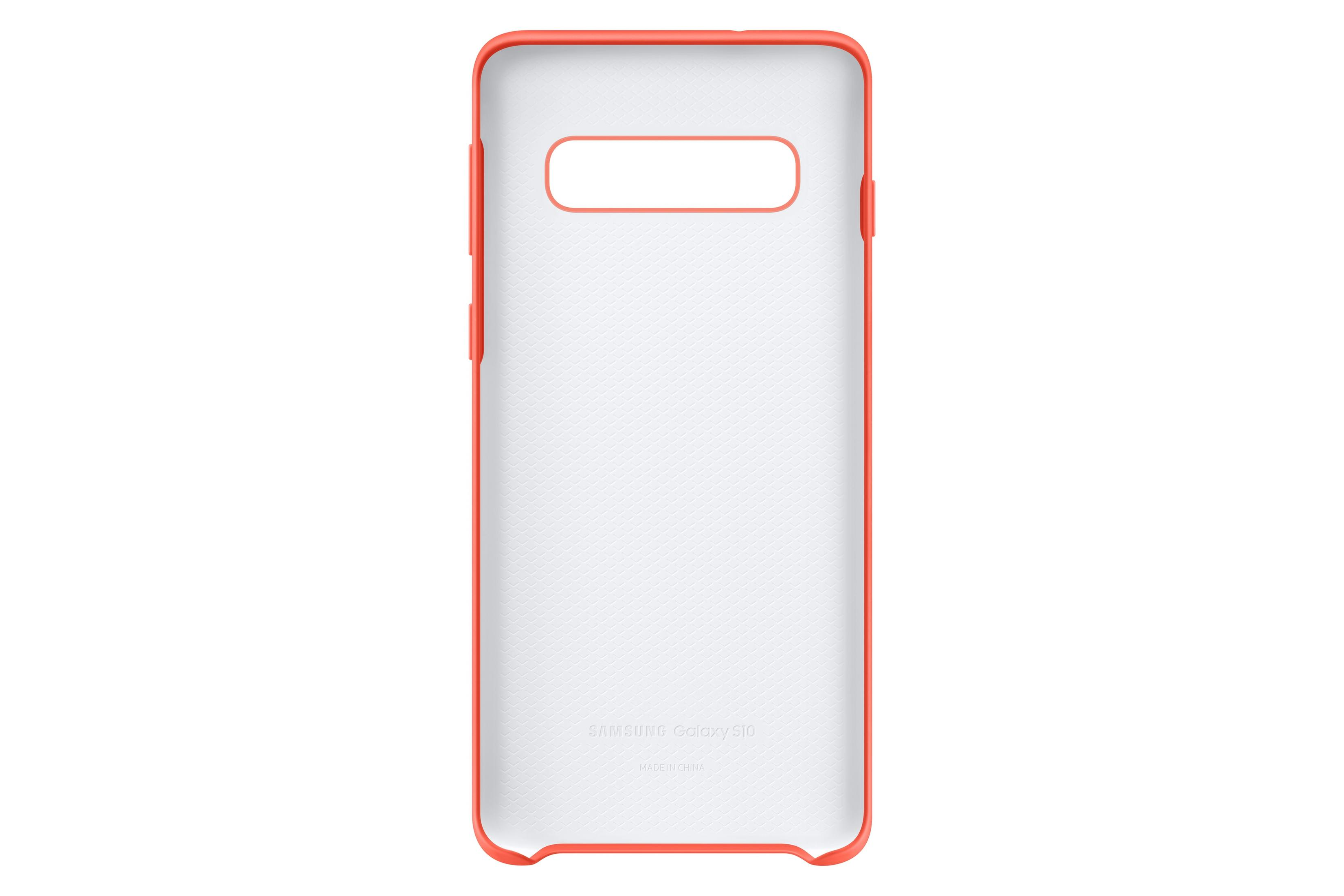 Orangefarbene Handyhüllen-Innenseite. Die Hülle ist für ein Samsung Galaxy S10. Weißer Innenraum.