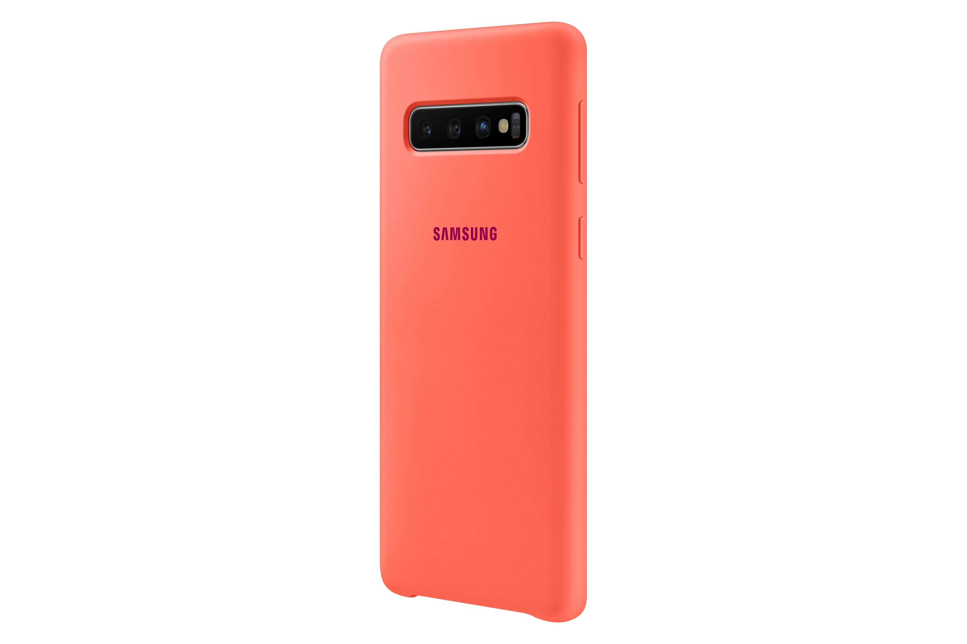 Orangene Handyhülle für ein Samsung-Handy. Die Rückseite des Telefons mit Kamera ist zu sehen.