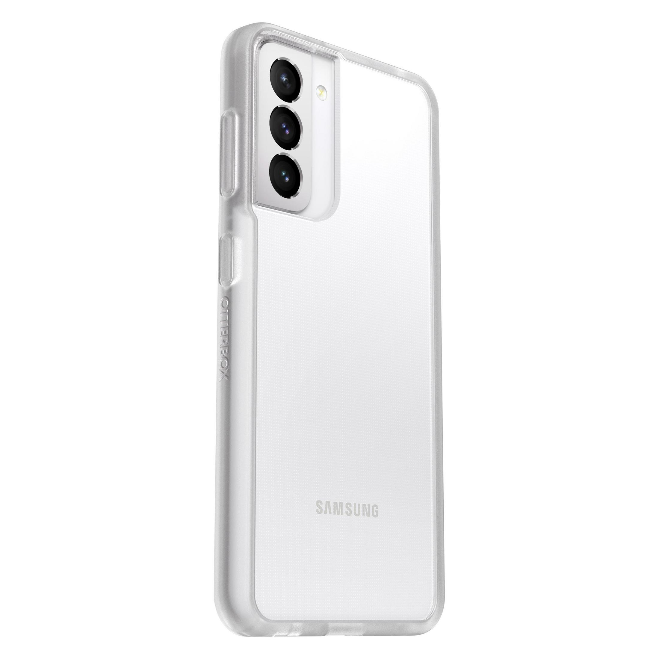 Transparente Handyhülle auf weißem Samsung-Telefon, drei Kameralinsen.
