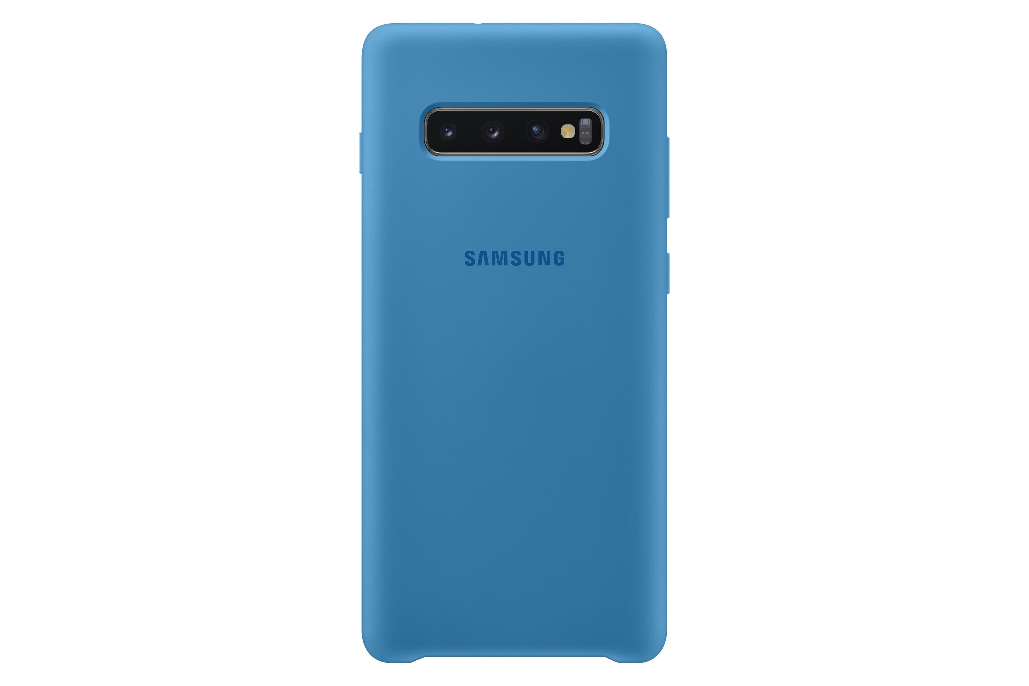 Custodia blu per telefono con logo Samsung e fori per fotocamera.