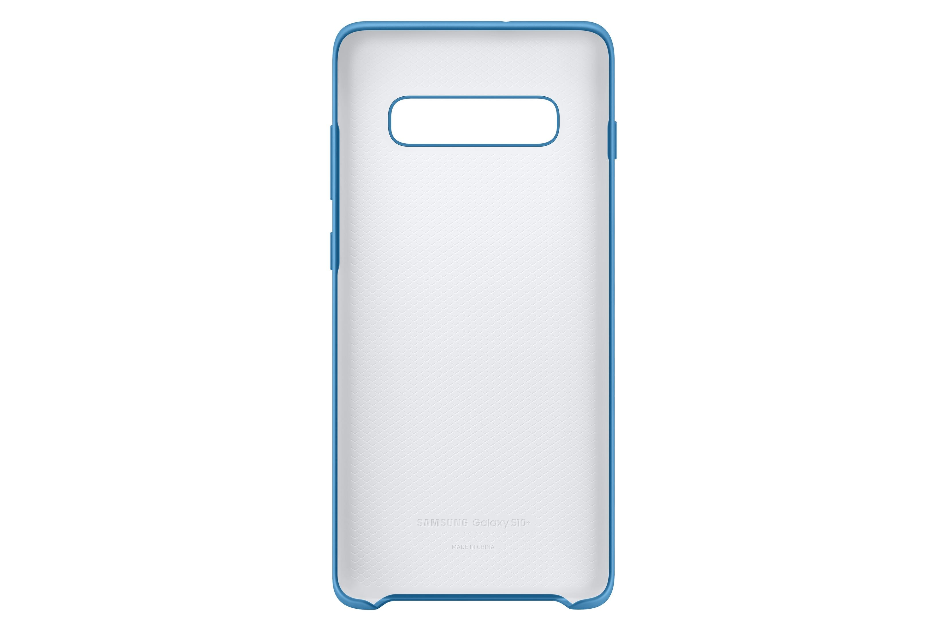 Una custodia blu per telefono con interno bianco, con il logo Samsung Galaxy S10.