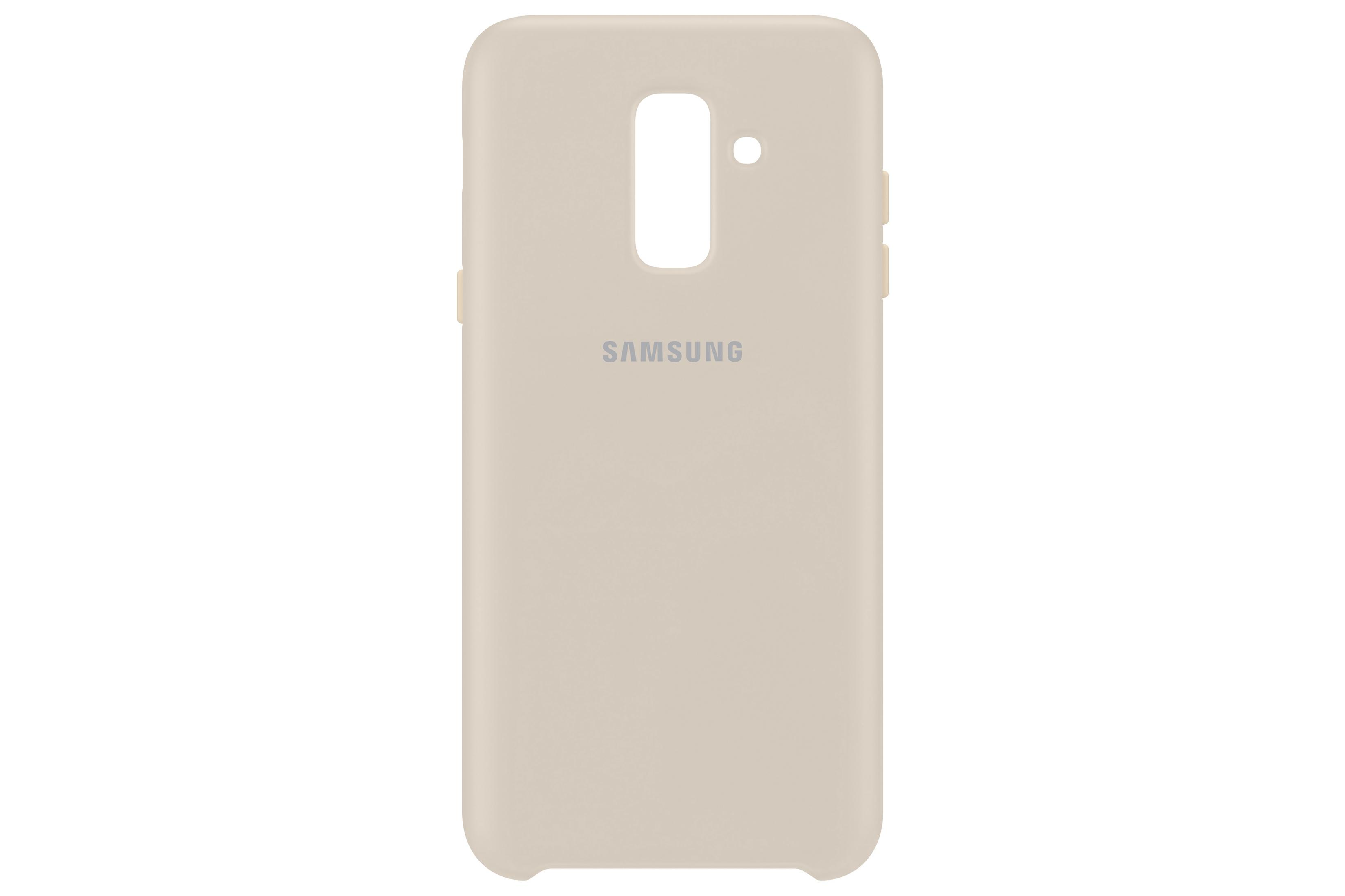 Funda beige para teléfono con el logo de Samsung. Tiene una abertura para la cámara y botones laterales.
