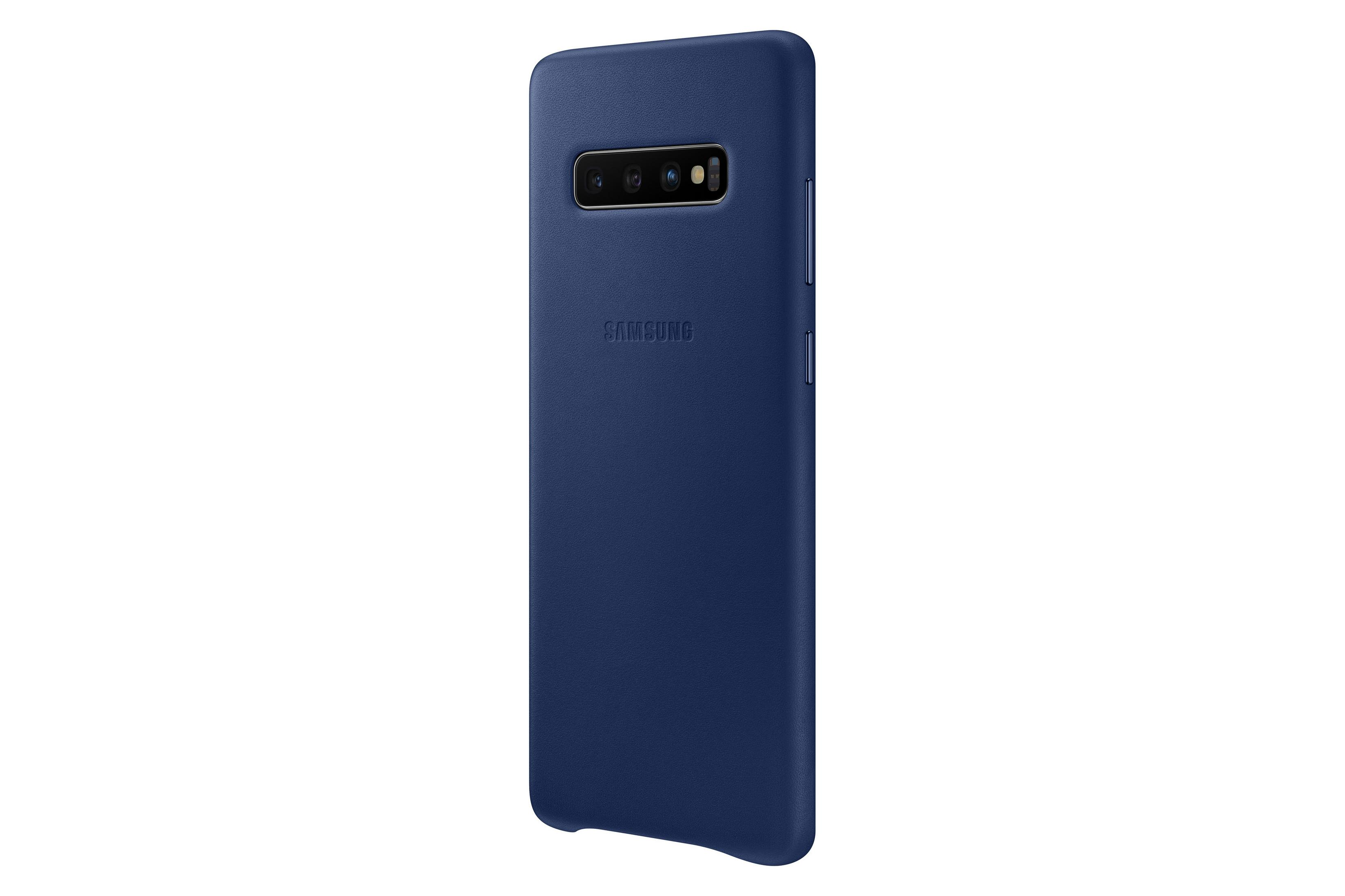 Una funda de teléfono azul oscuro con el logotipo de SAMSUNG. La funda está sobre una superficie blanca.