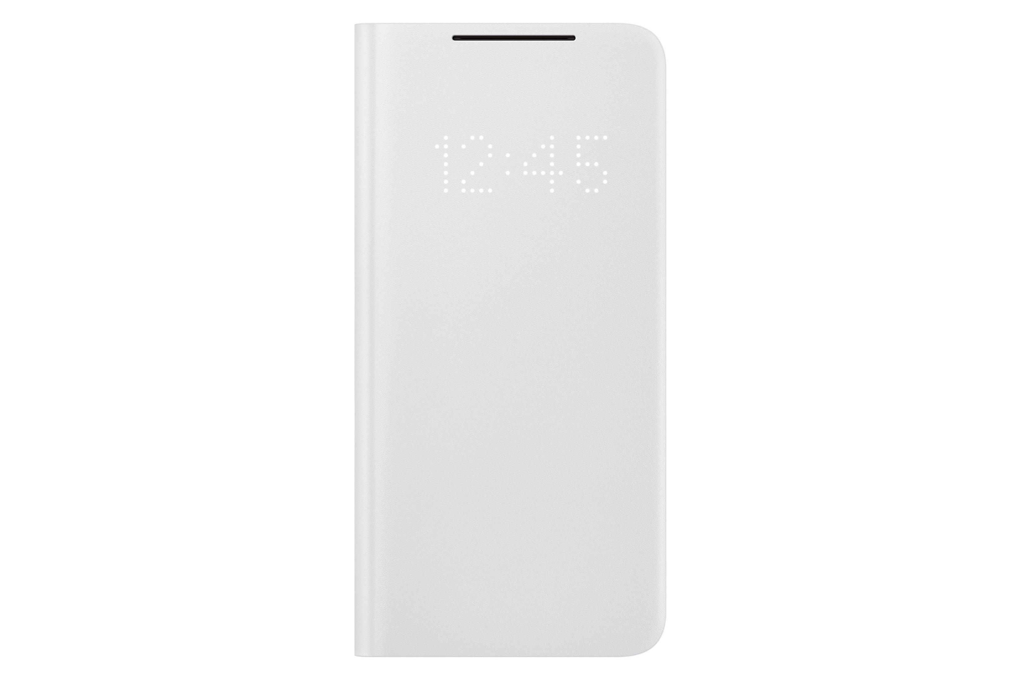 Funda blanca para teléfono con pantalla de reloj digital.