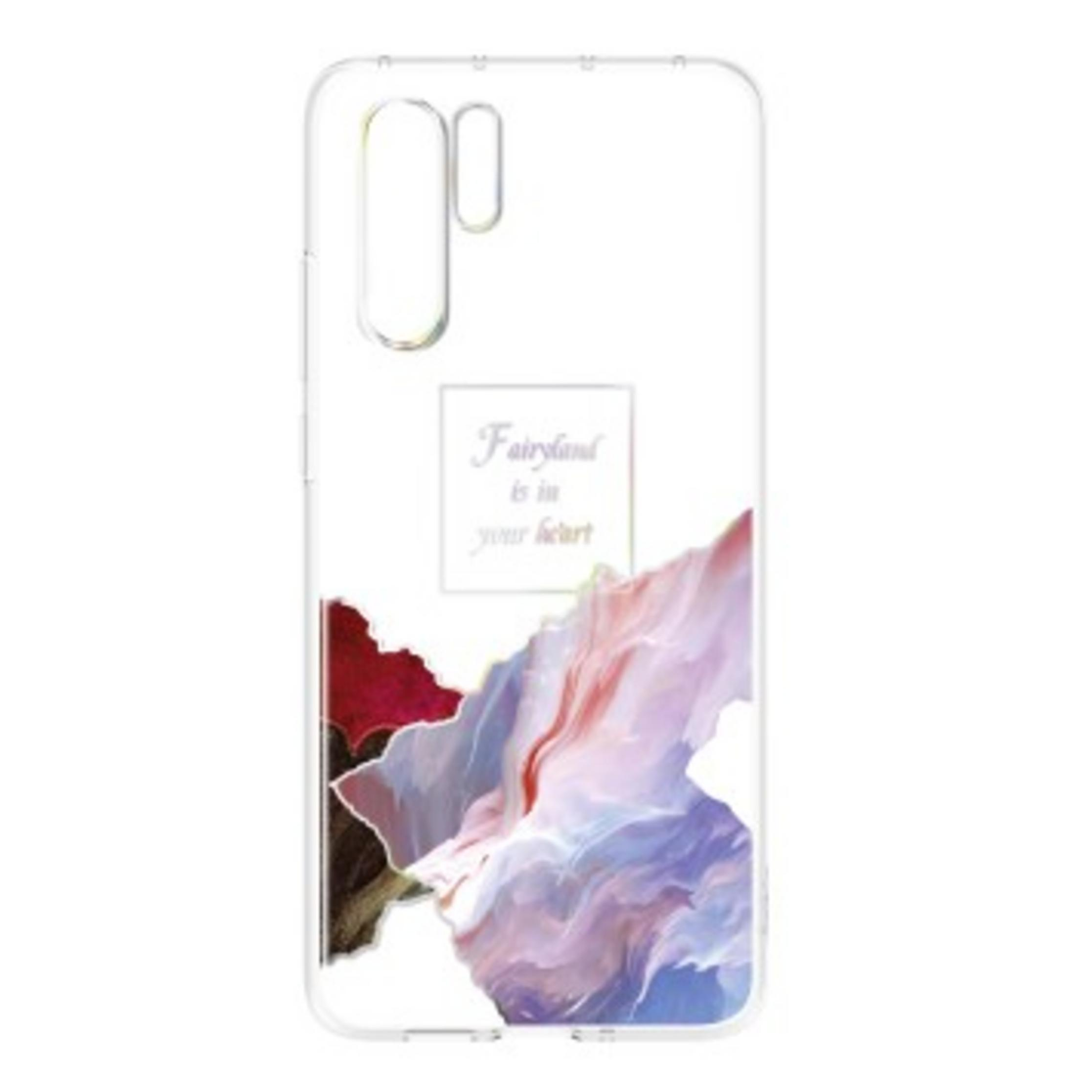 Transparente Handyhülle mit Aquarelldesign, mit bunten Formen und Text.