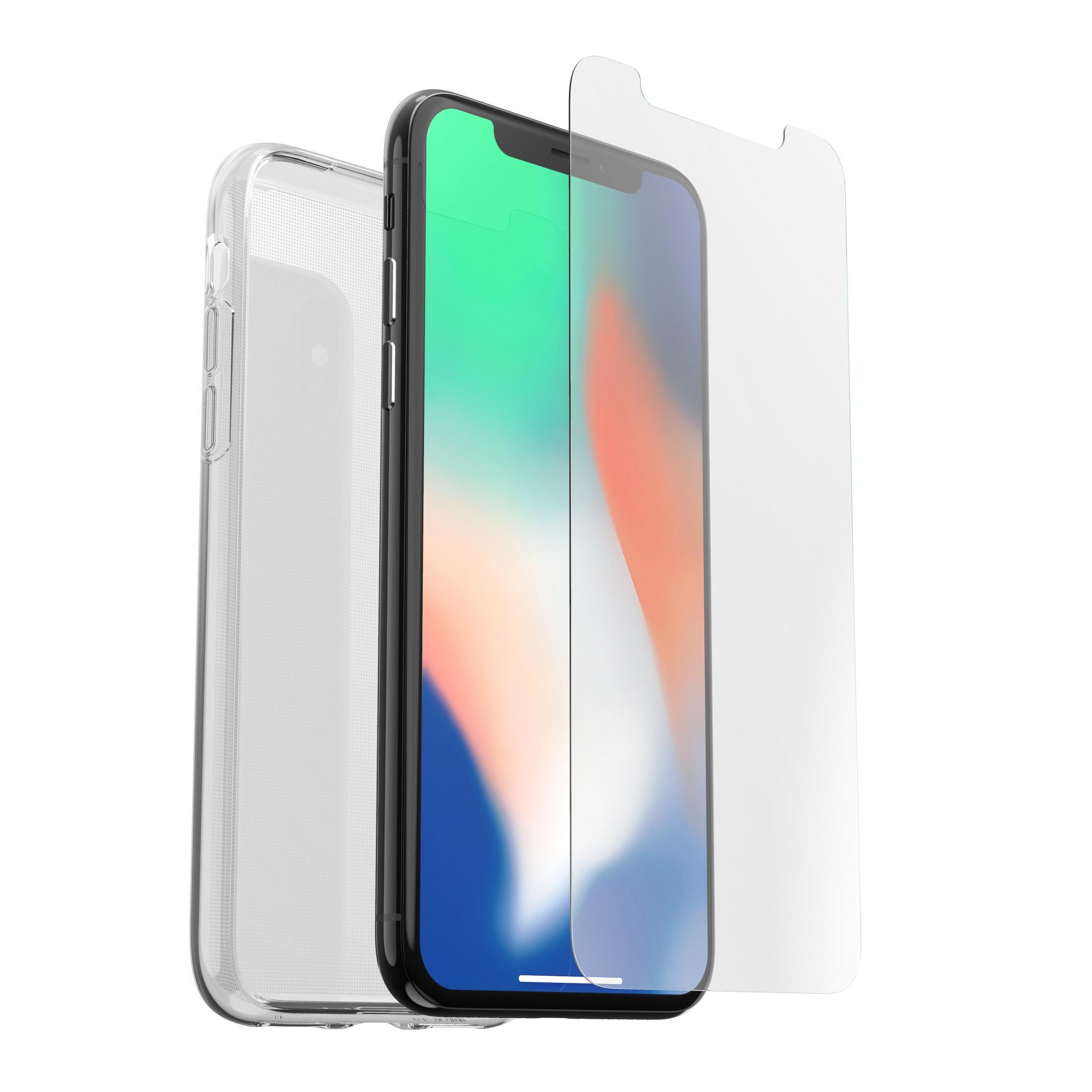 Ein Telefon mit Displayschutz und Hülle. Das Telefon ist schwarz. Daneben liegt eine transparente Hülle.