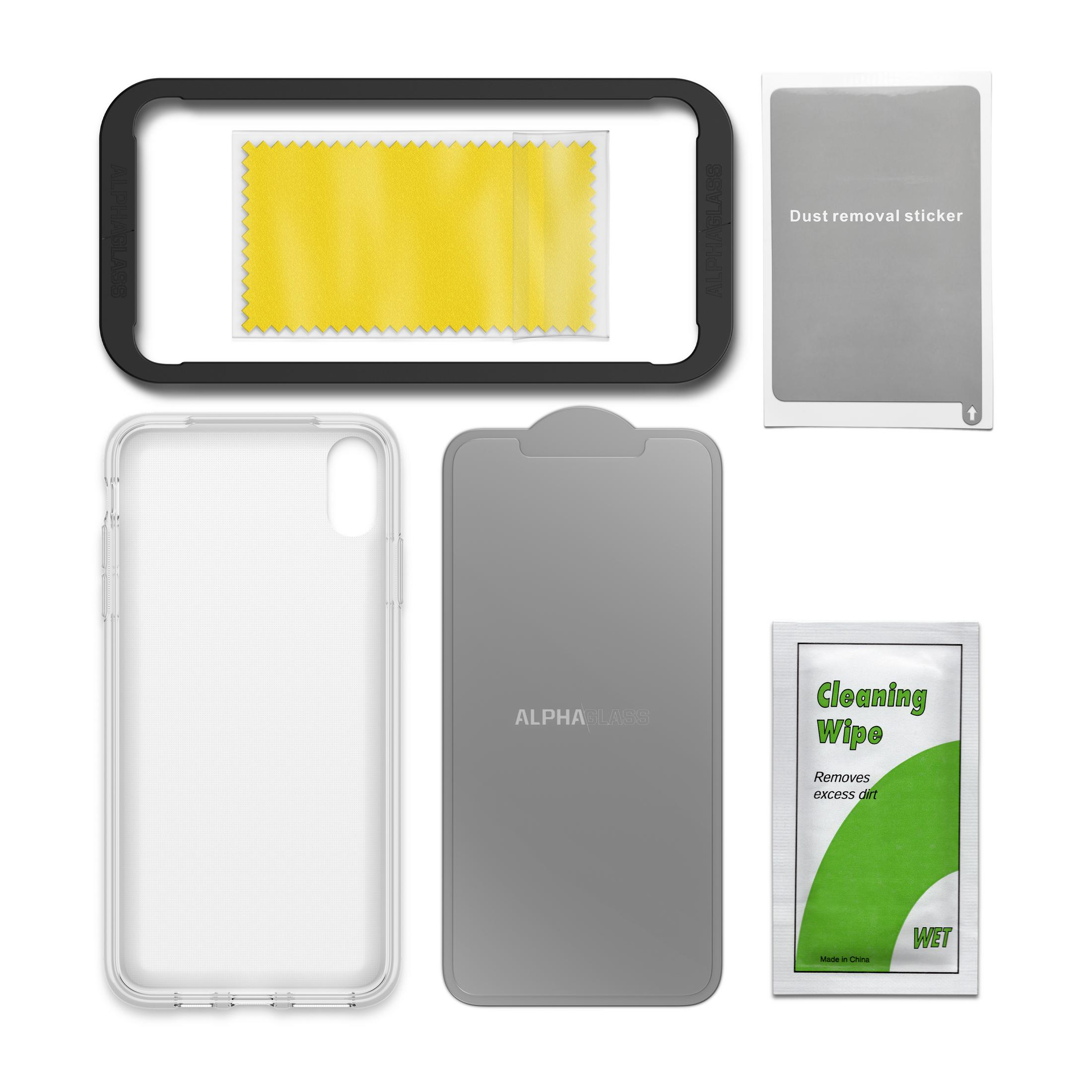 Displayschutzfolien-Kit mit Displayschutz, Reinigungstuch und Staubaufkleber.