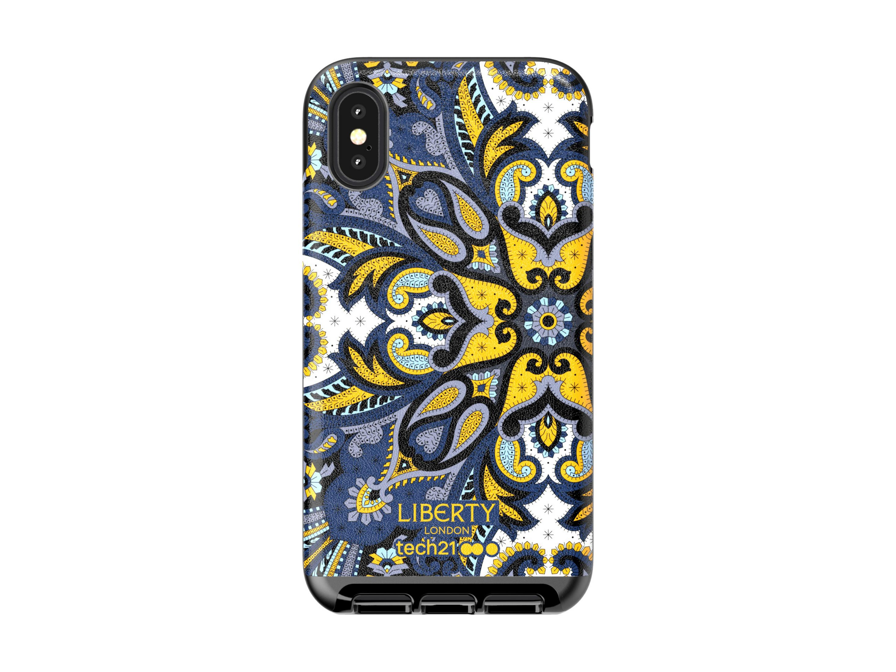 Handyhülle mit floralem Design. Das Design zeigt ein blau-gelbes Muster.