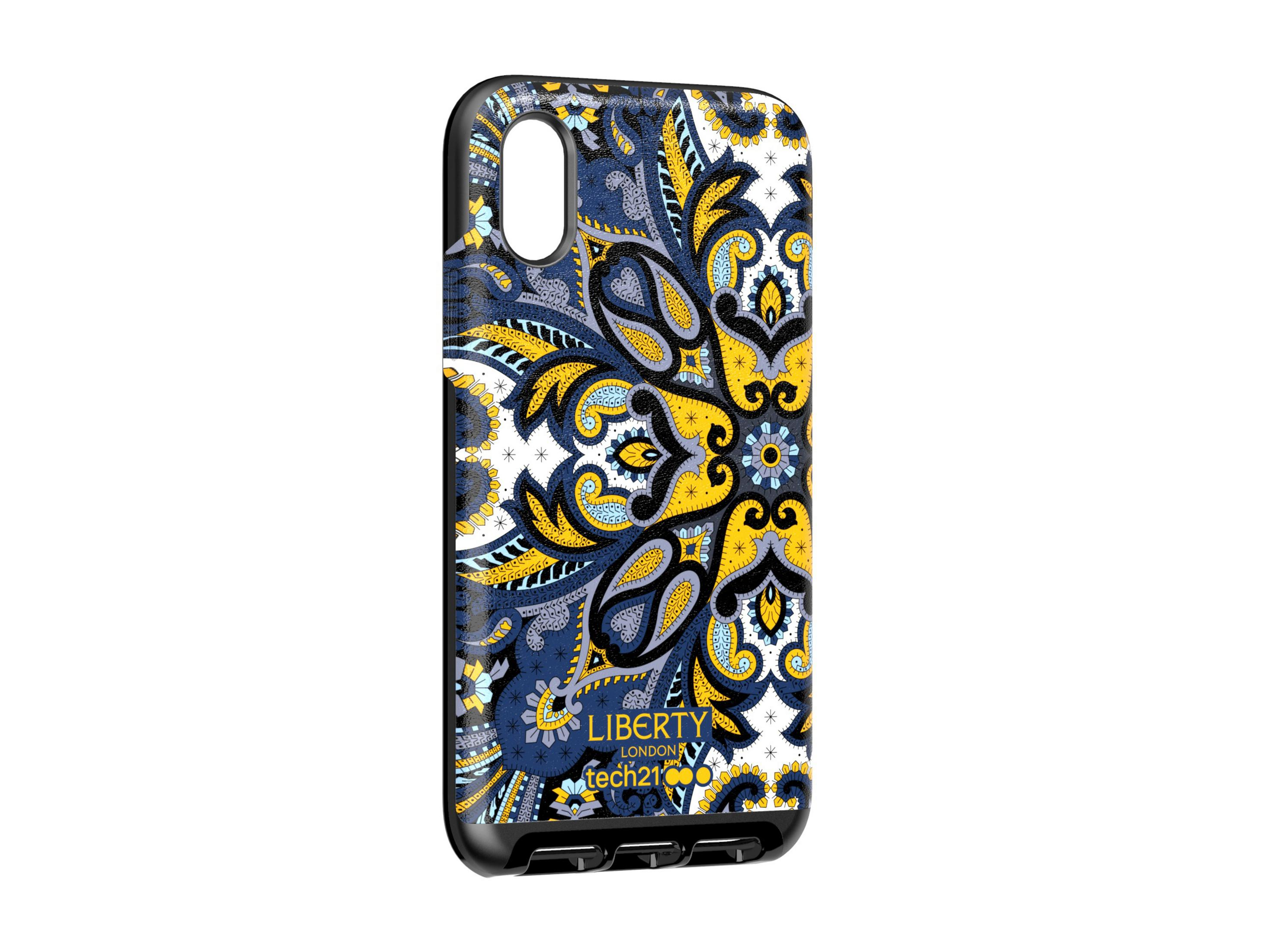 Handyhülle mit floralem Design in Blau, Gelb und Weiß, mit Markenname und Logo sichtbar.