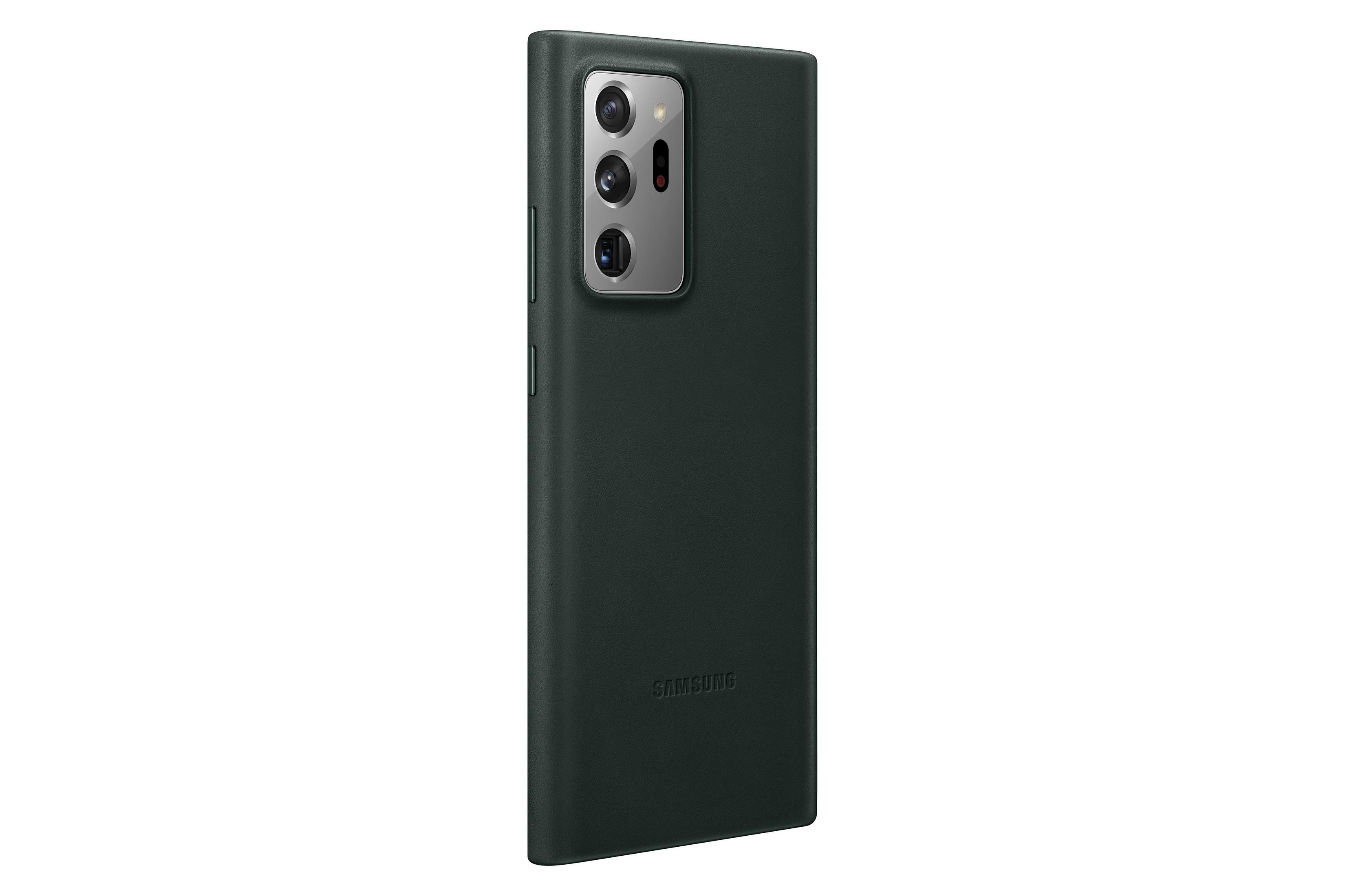 Coque de téléphone vert foncé avec un téléphone Samsung, des caméras et le logo Samsung.