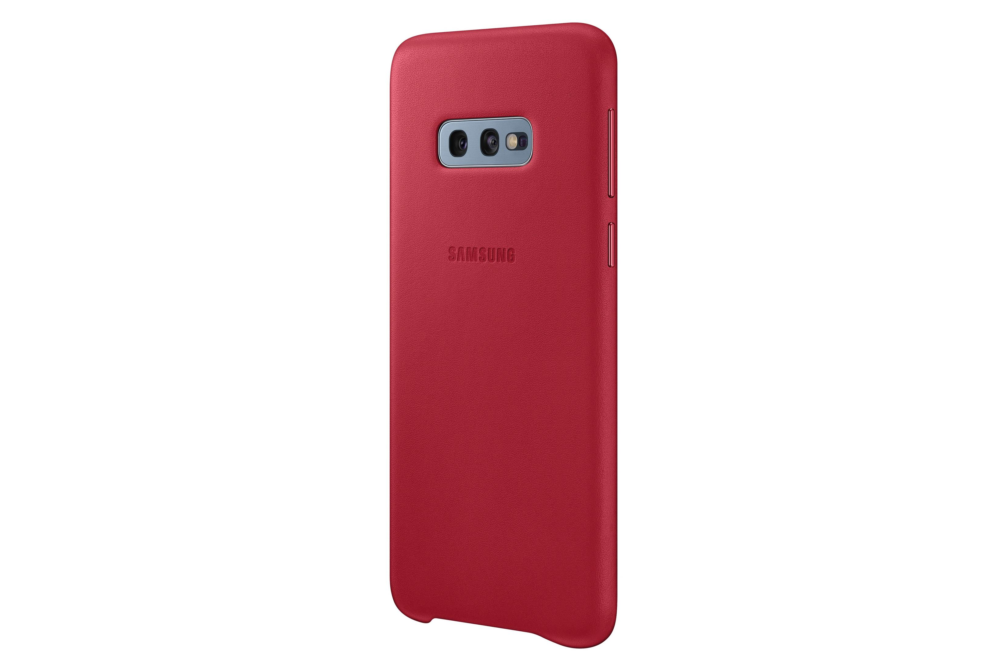 Custodia rossa per telefono Samsung. Tre lenti della fotocamera sono visibili.