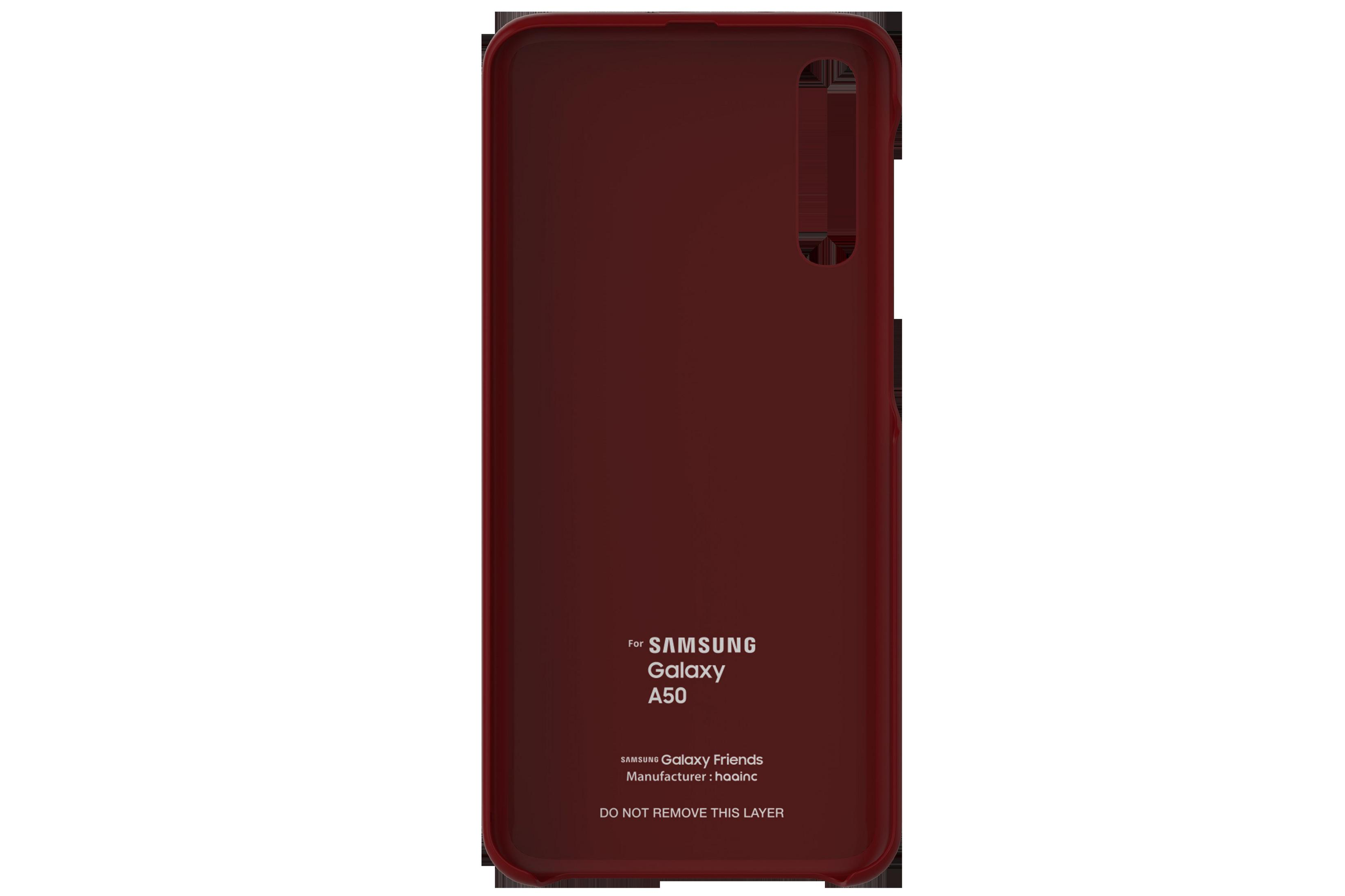 Eine weinrote Handyhülle mit dem Samsung Galaxy A50 Logo und einem "Nicht entfernen"-Aufkleber.