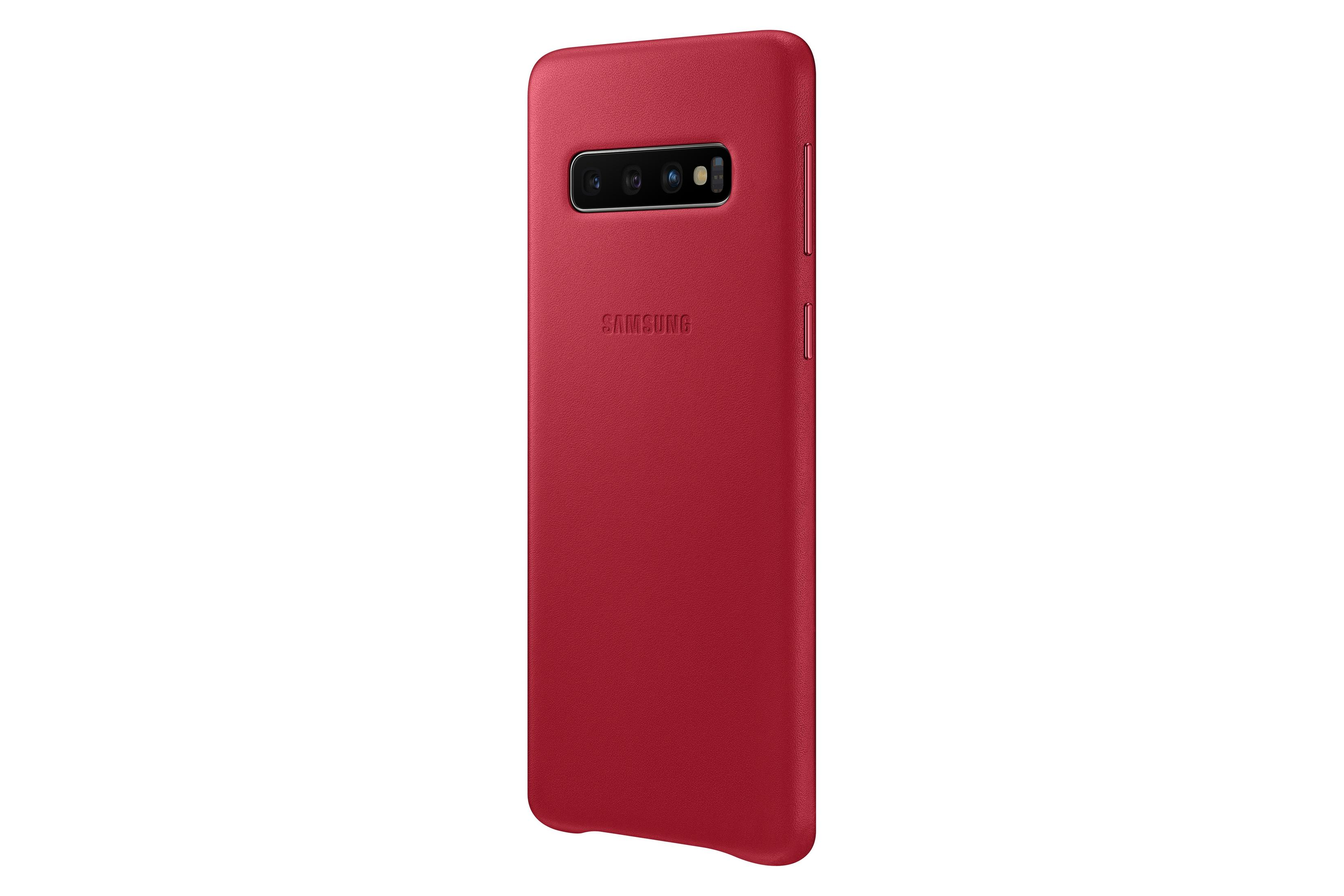 Custodia per telefono rossa, vista posteriore, con fori per la fotocamera e logo Samsung. La custodia è liscia.