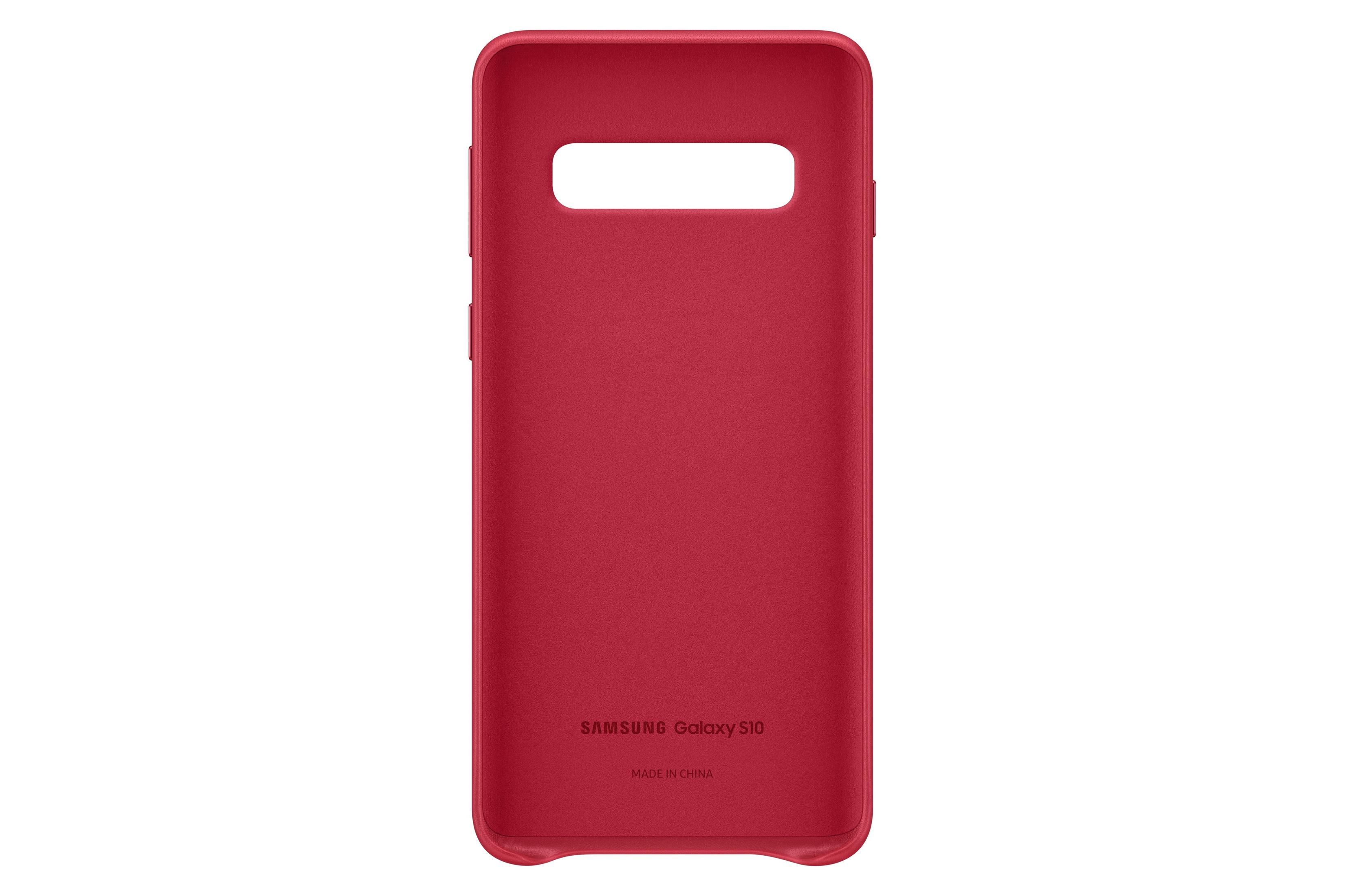 Una custodia per telefono rossa con il logo SAMSUNG Galaxy S10. Sfondo bianco.