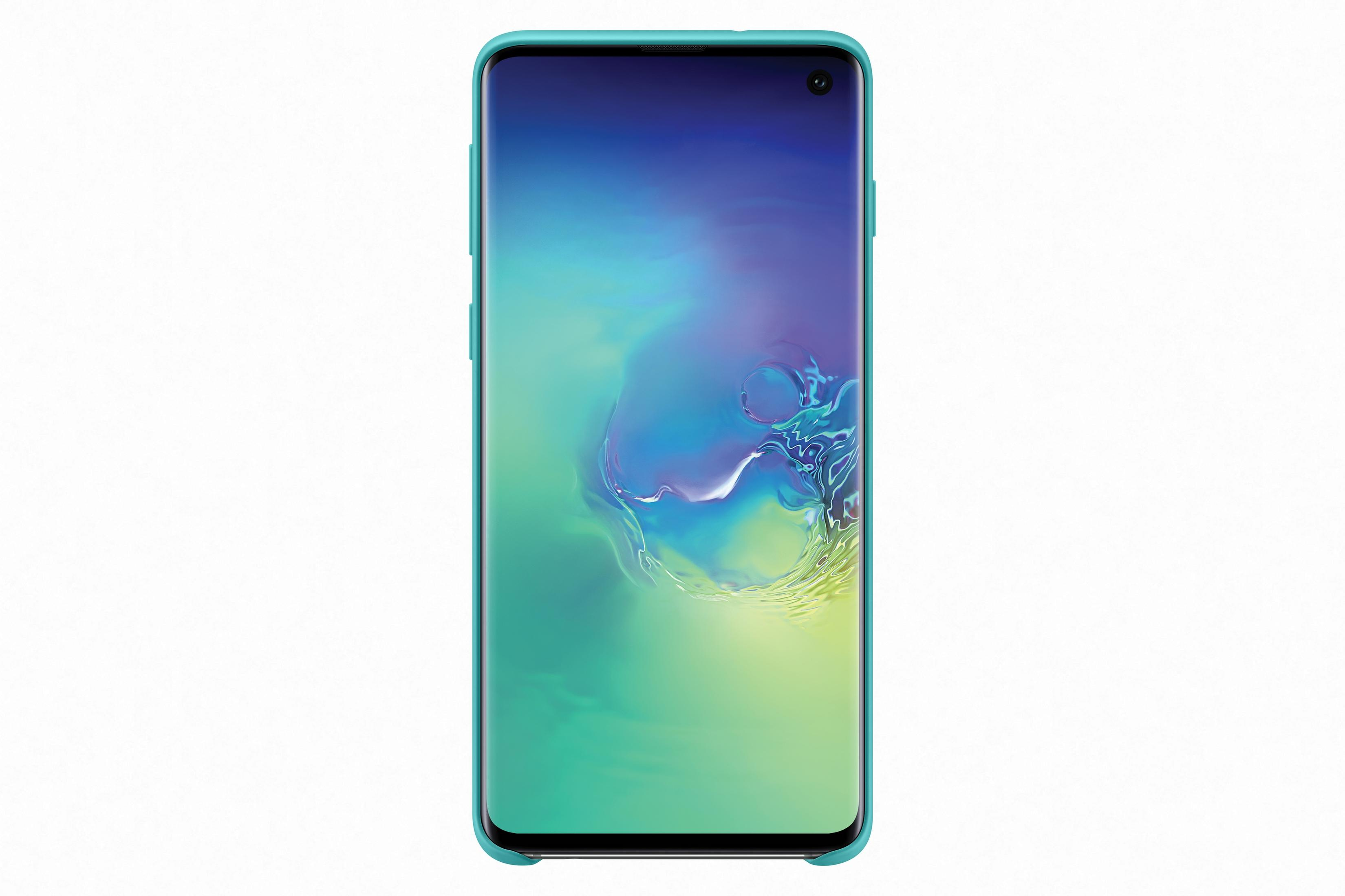 Telefon mit hellblauer Hülle. Bildschirm mit blauem und grünem Farbverlauf.