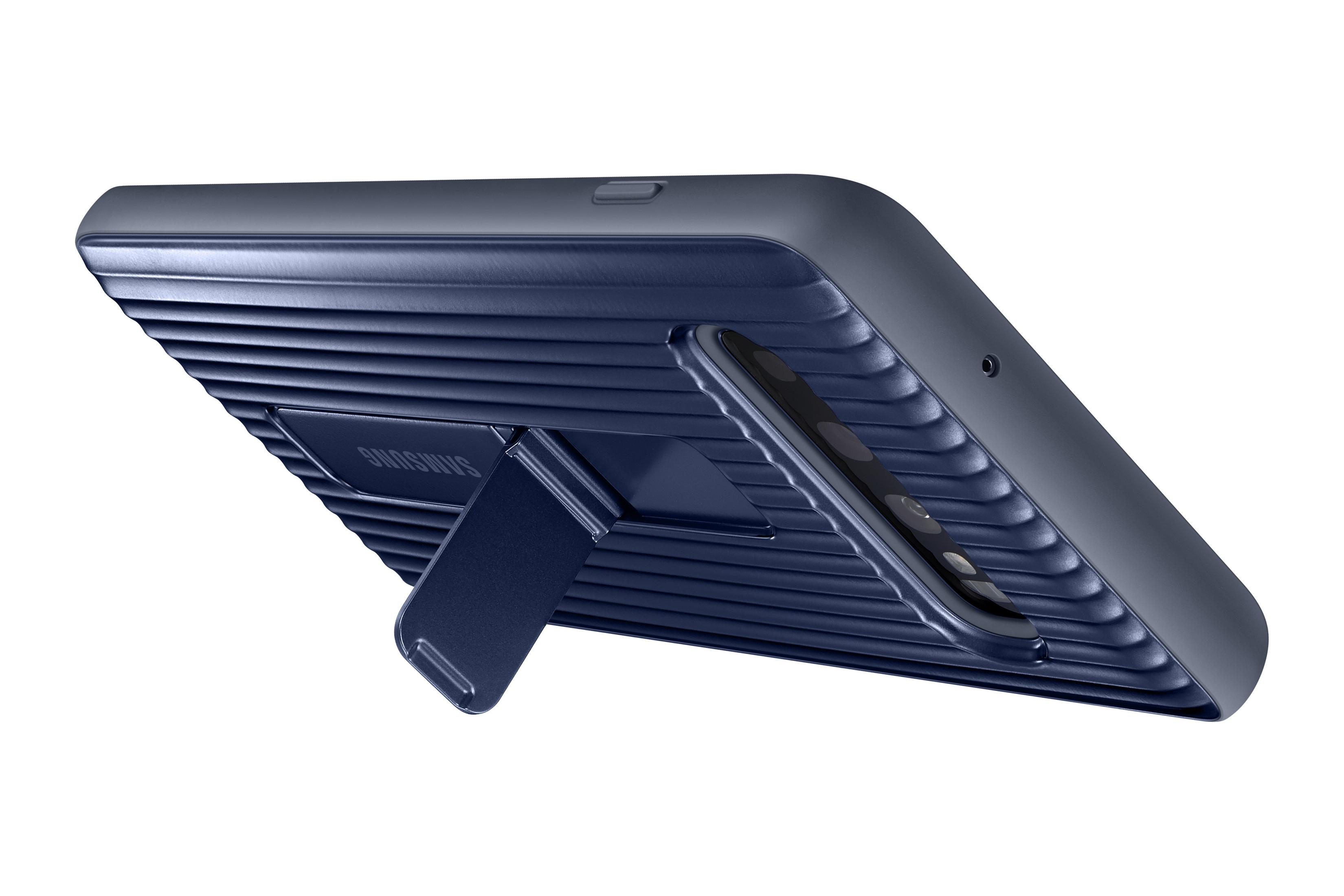 Blaue Handyhülle mit Ständer. Es hat Rillen auf der Rückseite. Auf dem Ständer steht das Wort Samsung.