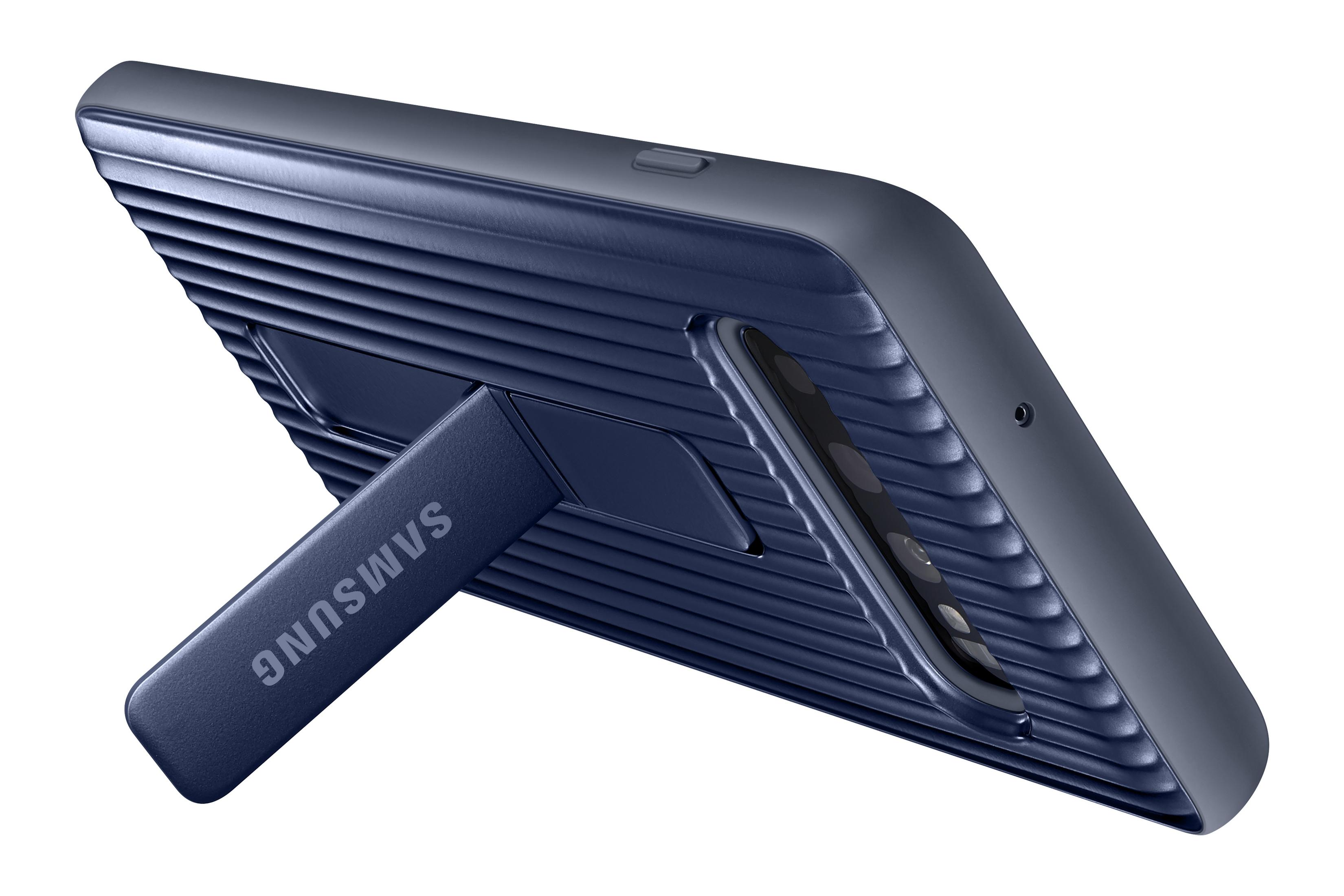 Blaue Samsung-Handyhülle mit Ständer. Marineblau mit geriffelter Textur, steht auf einem Tisch.