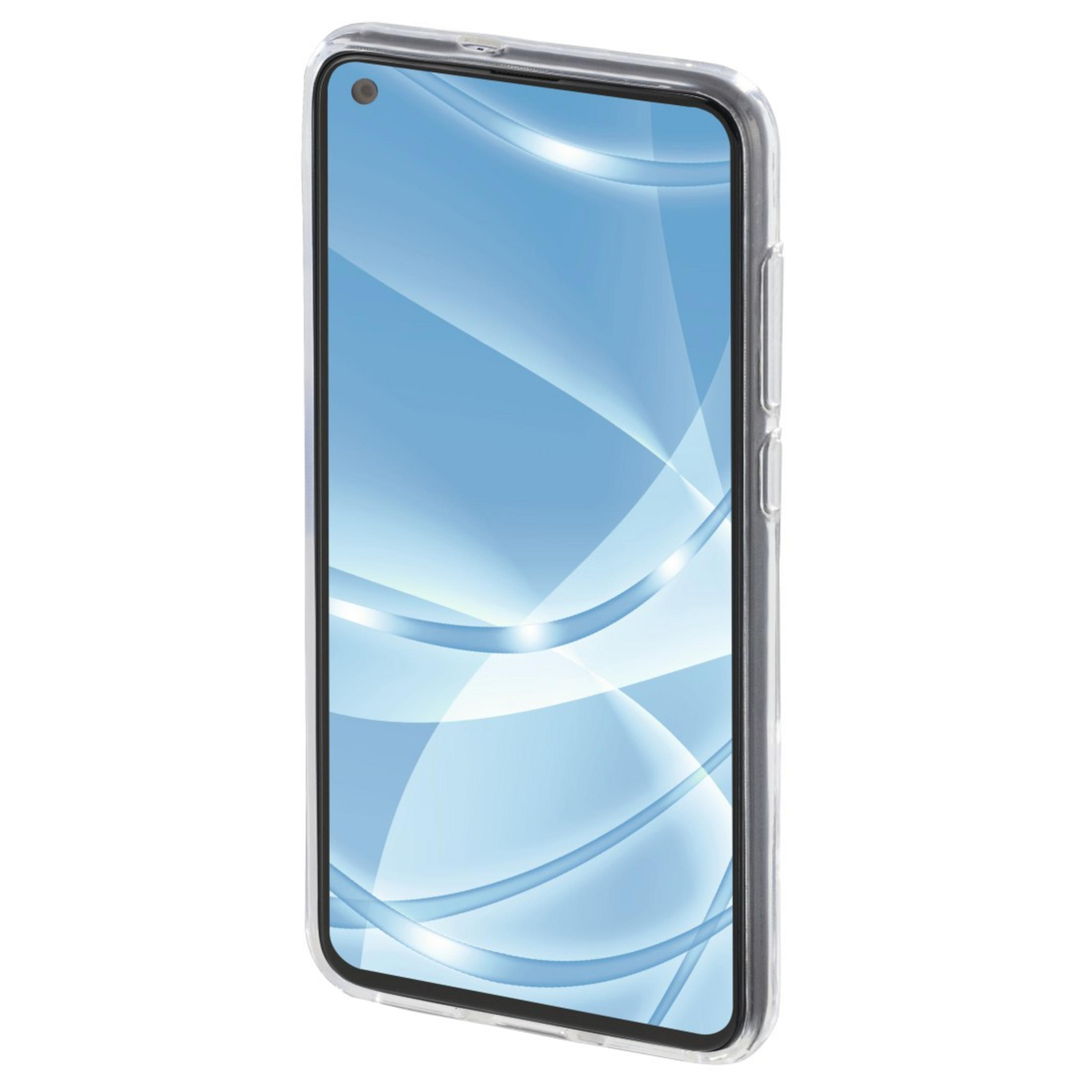 Una custodia trasparente per telefono con un telefono all'interno. Lo schermo mostra un design astratto blu.