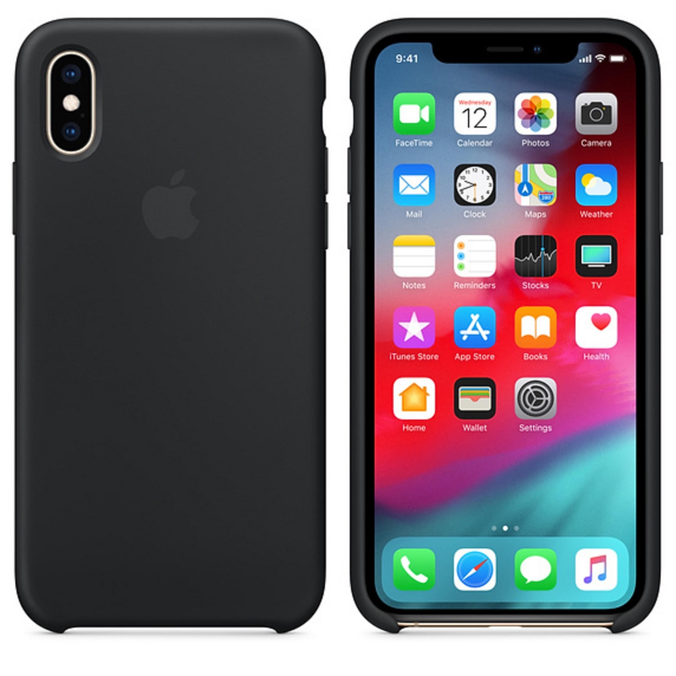 Schwarzes Telefon mit Hülle, zeigt Apps auf dem Bildschirm, mit Apple-Logo auf der Rückseite.