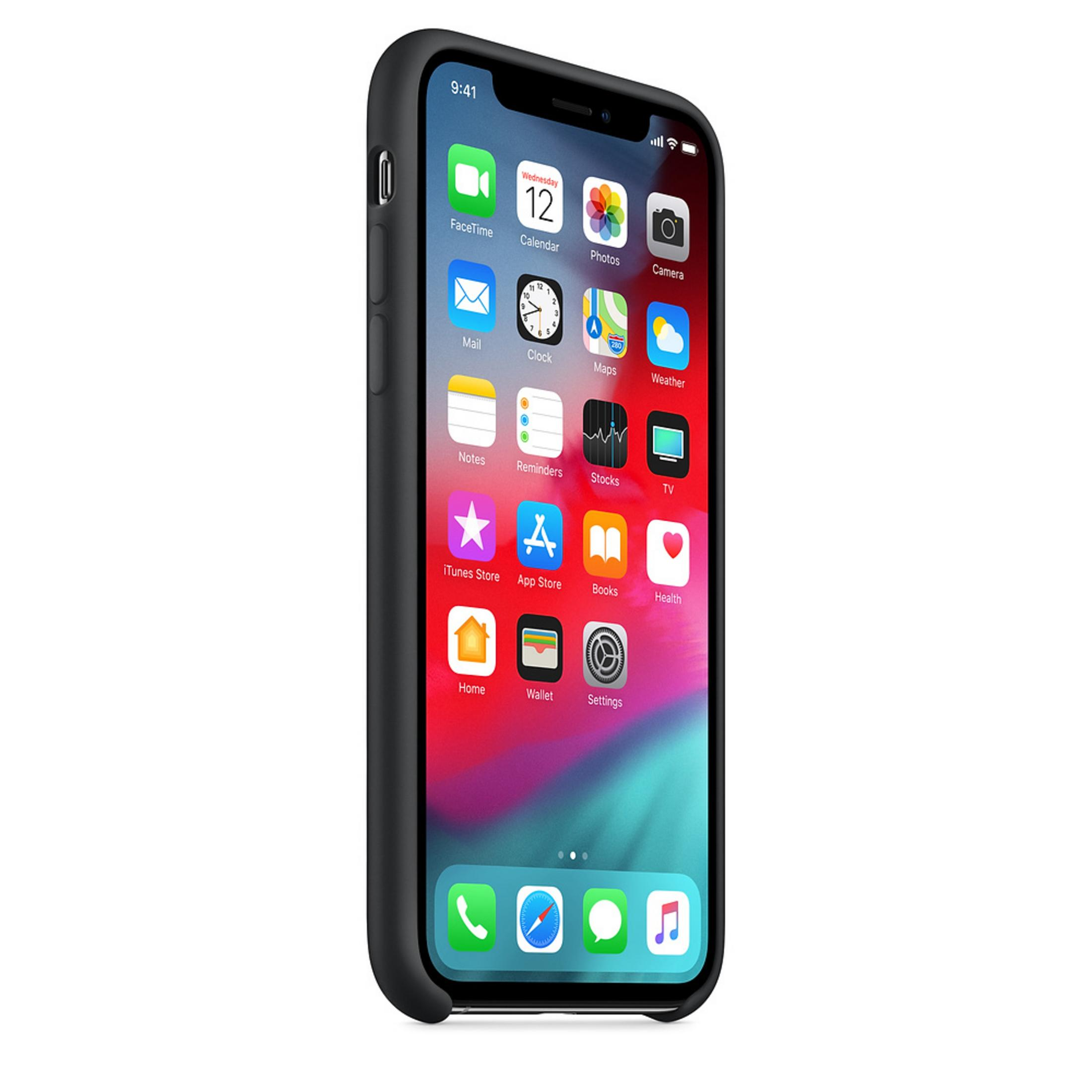 Schwarzes Telefon mit schwarzer Hülle. Der Bildschirm zeigt Apps und das Datum.
