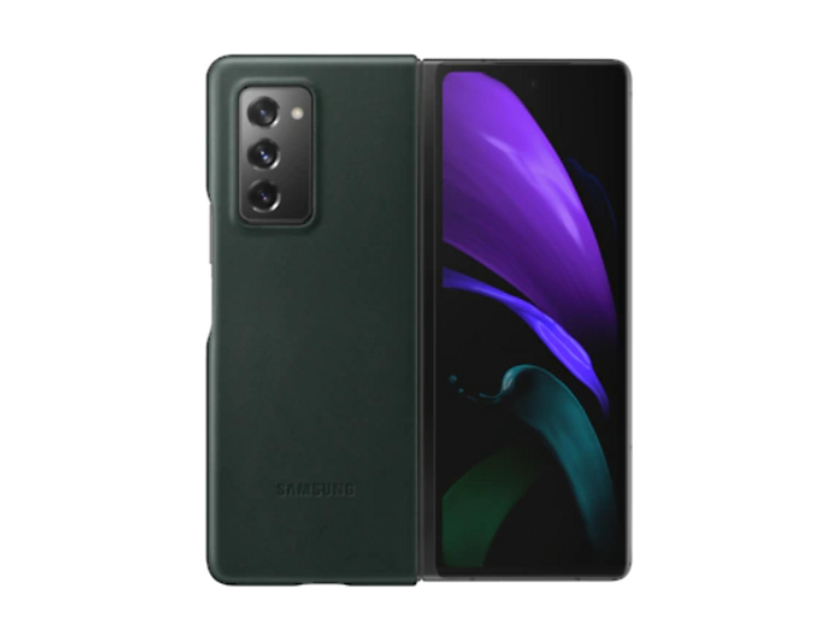 Una funda de teléfono verde oscuro, abierta, que revela una pantalla y una cámara lateral.