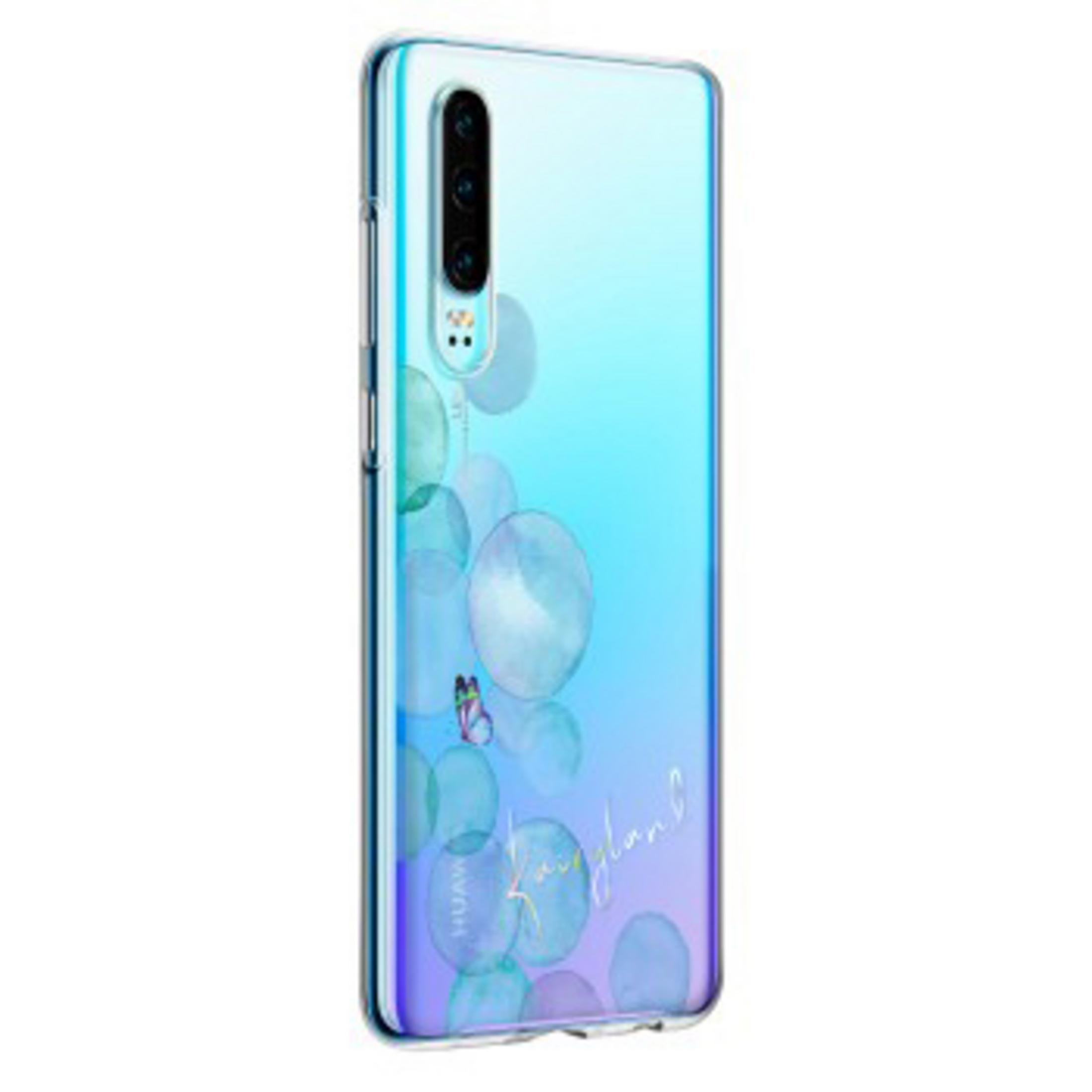 Blaues und türkisfarbenes Telefon mit durchsichtiger Hülle, mit Blasen und einem Schmetterling.