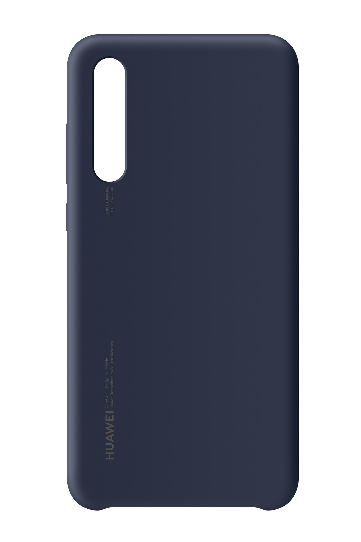 Blaue Handyhülle mit Dreifach-Kameraausschnitt und Huawei-Logo unten.