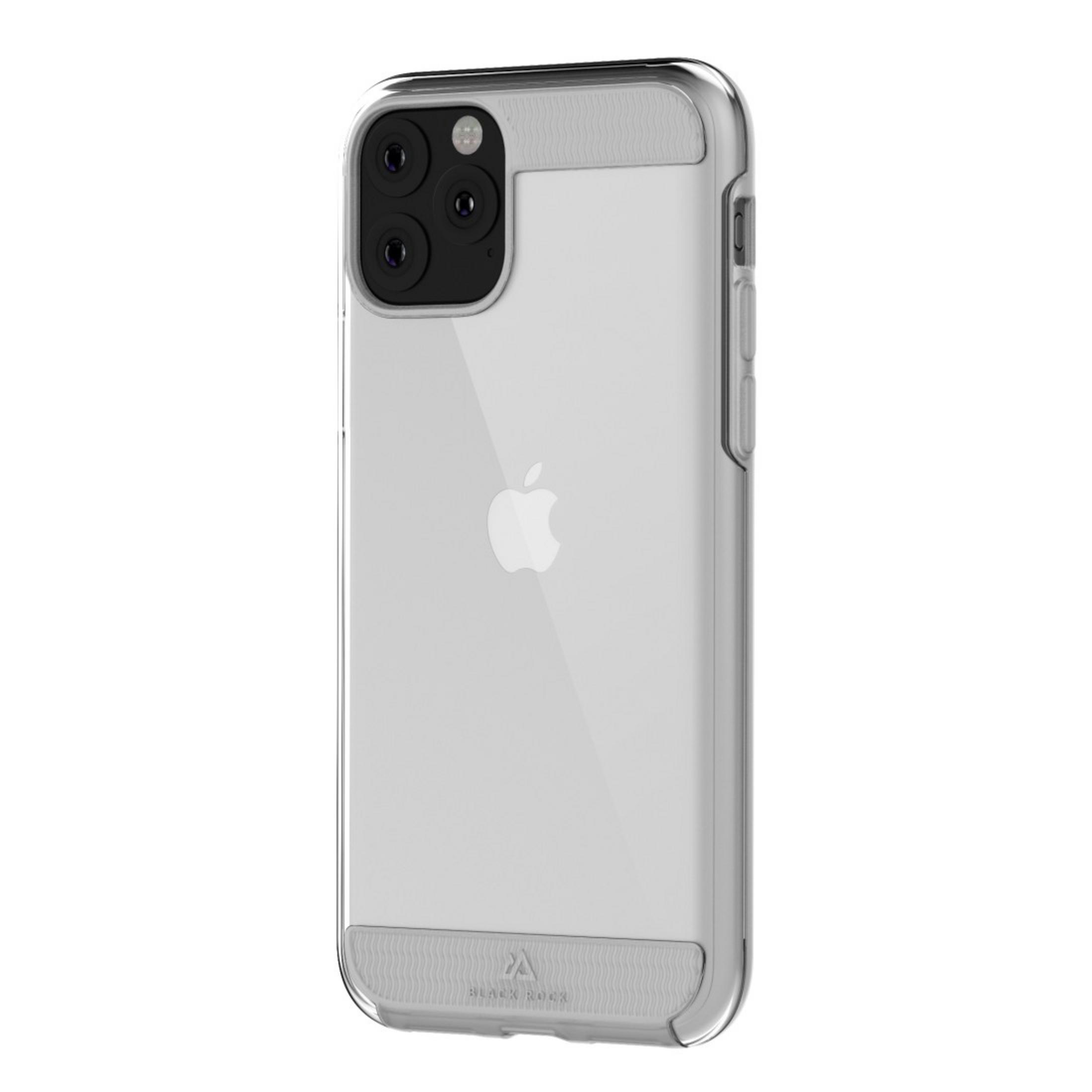 Una custodia trasparente su un telefono. La custodia ha lenti della fotocamera nere.