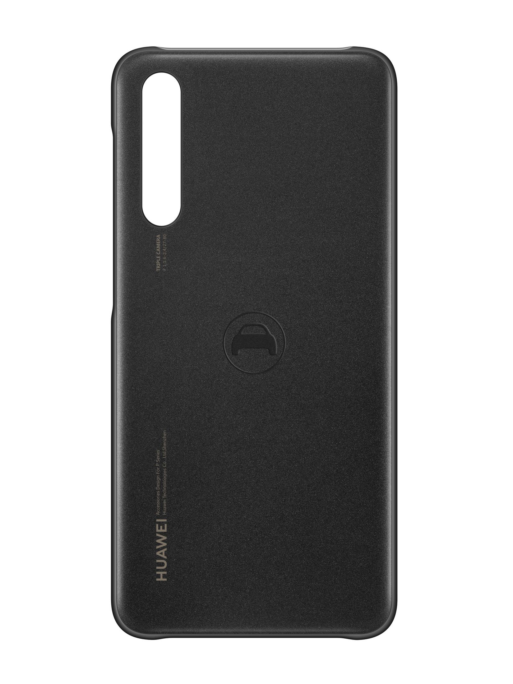 Custodia nera per telefono con foro per la fotocamera. La custodia ha il logo Huawei. Sfondo bianco.