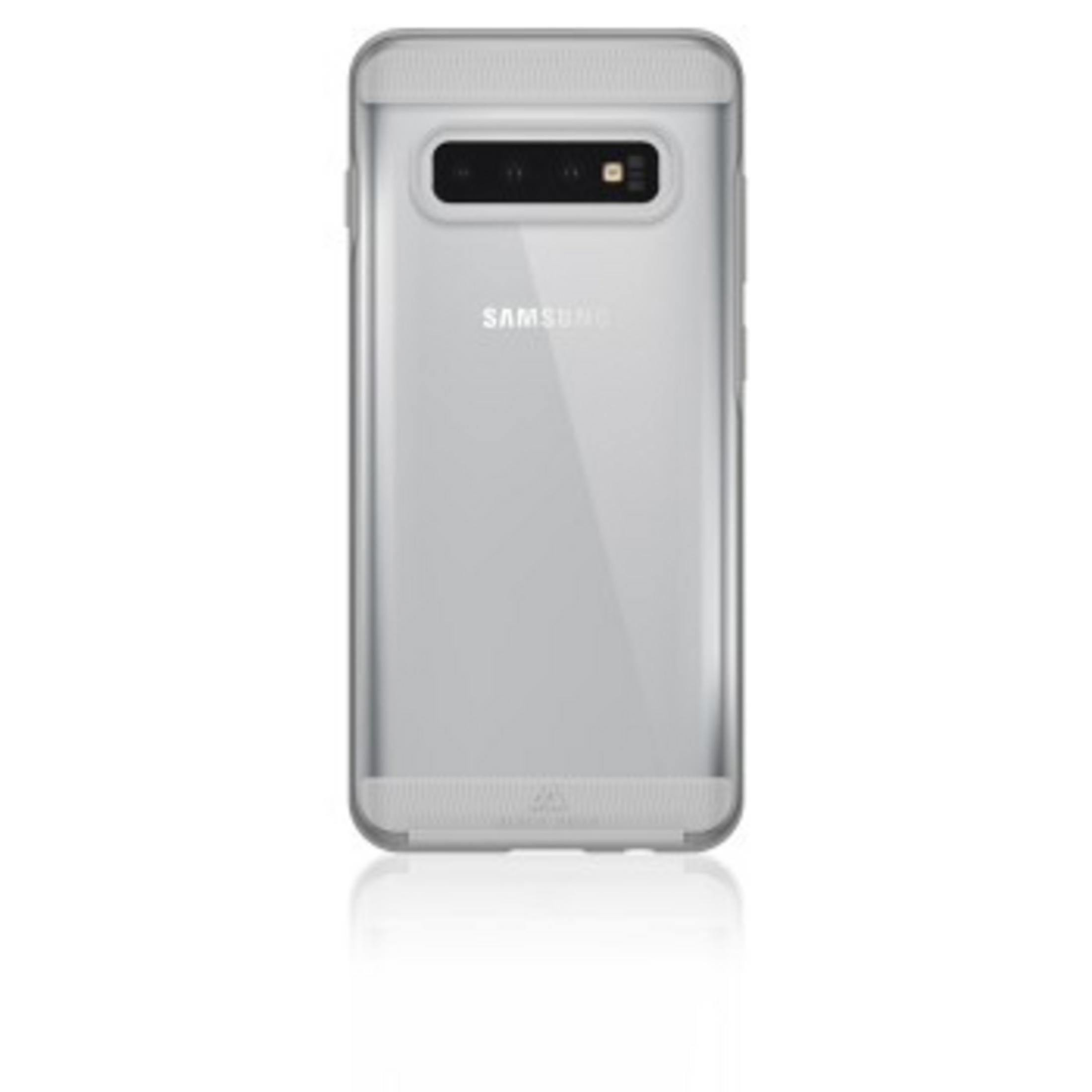Przezroczyste etui z białymi akcentami, widoczne logo Samsung, perspektywa z boku.