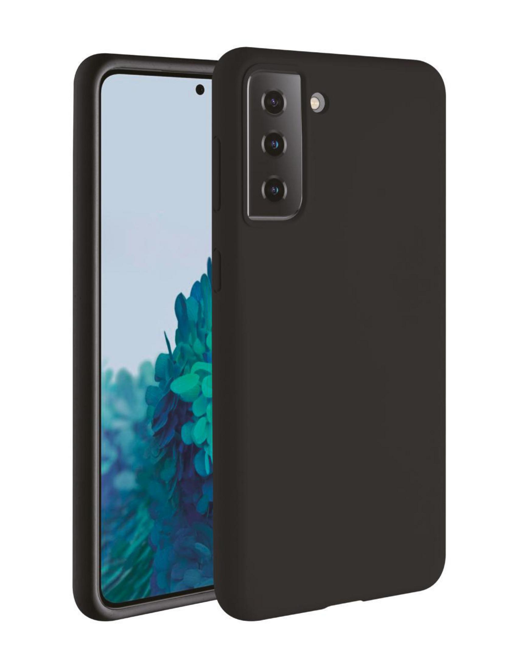 Custodia nera con un telefono all'interno. Il telefono ha tre fotocamere.