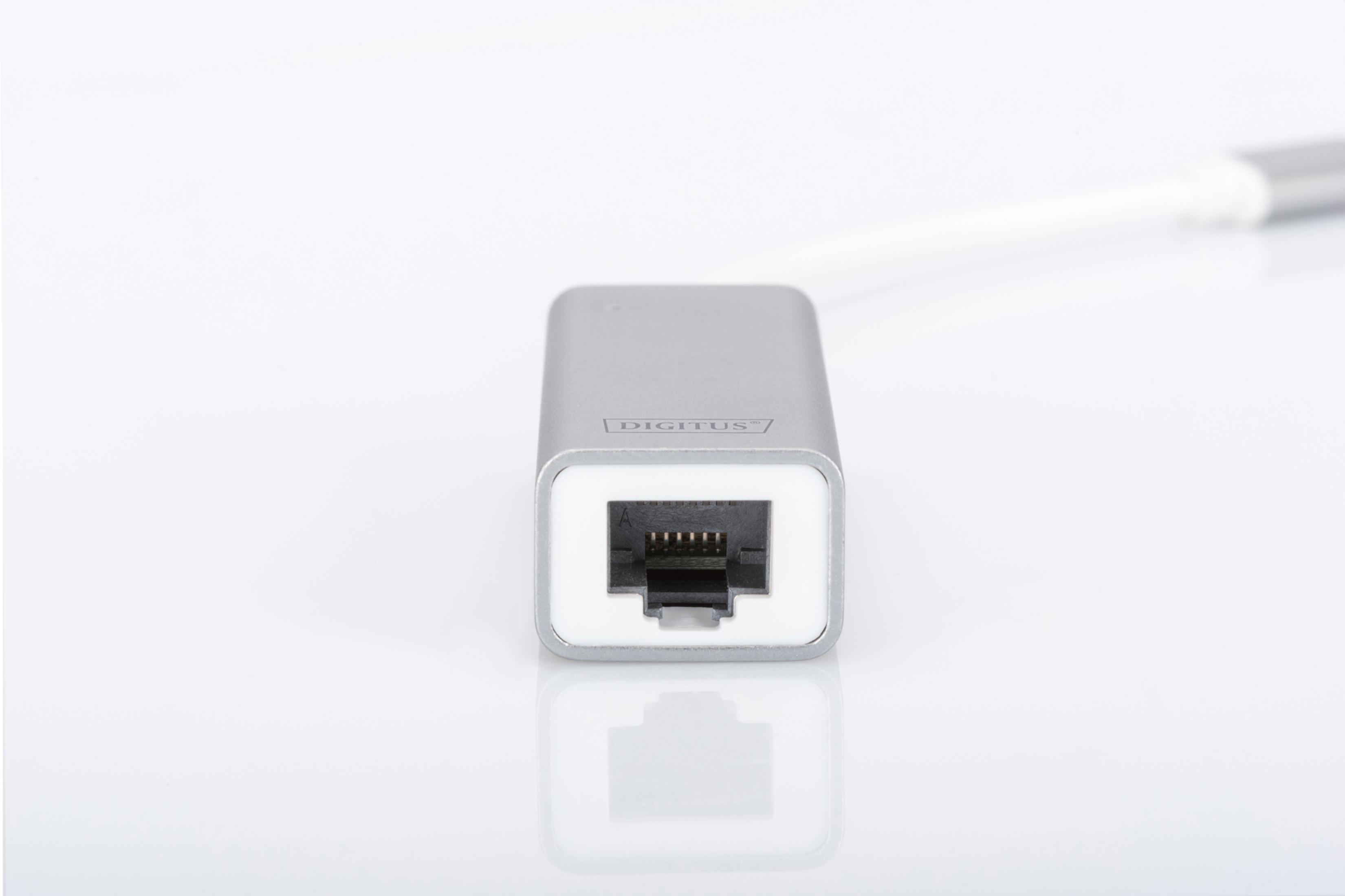 Beyaz kablolu, gümüş renkli bir Ethernet adaptörünün yakın çekimi. 'DIGITUS' markası görünür.