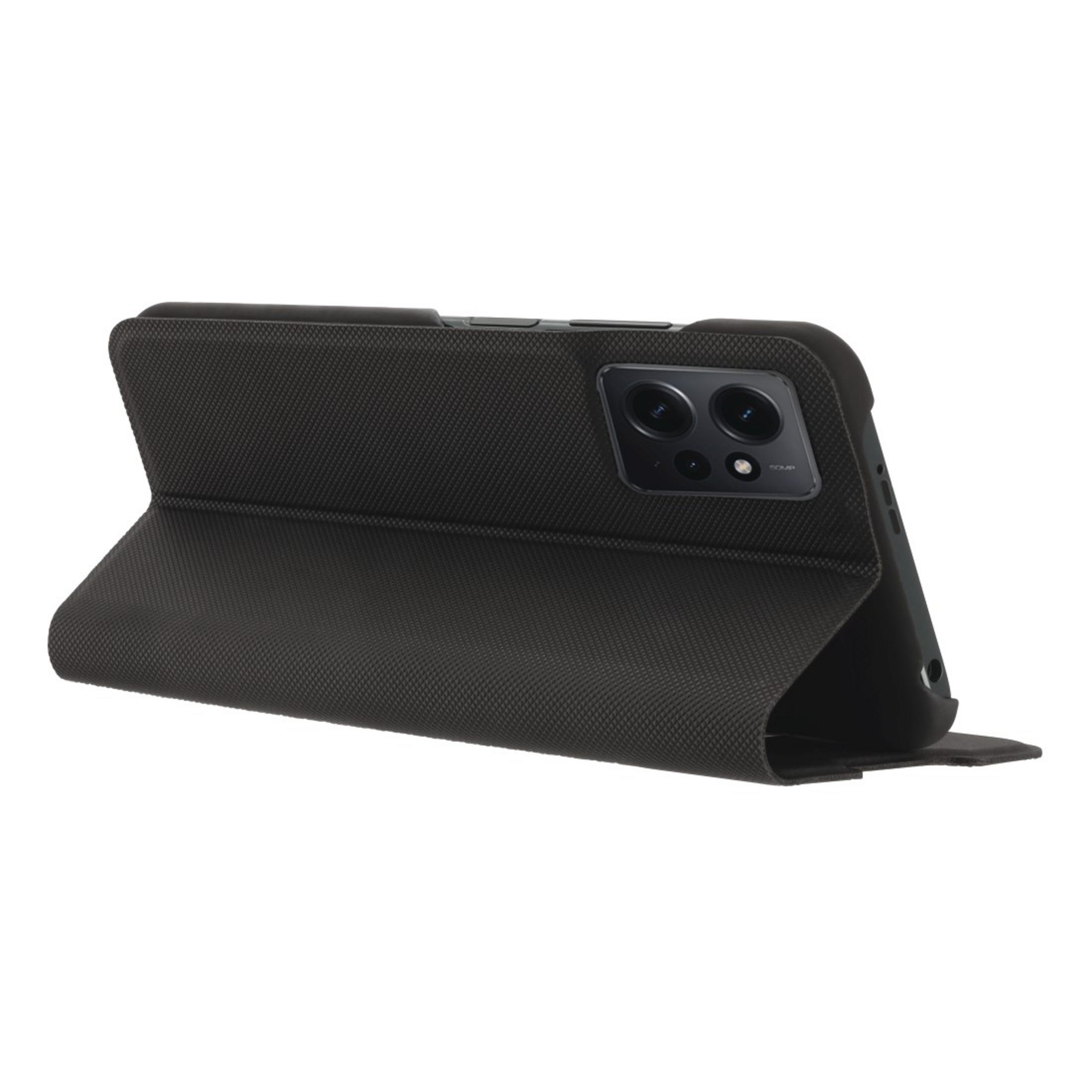Custodia per telefono nera aperta, che tiene il telefono. Modello strutturato. Vista laterale.