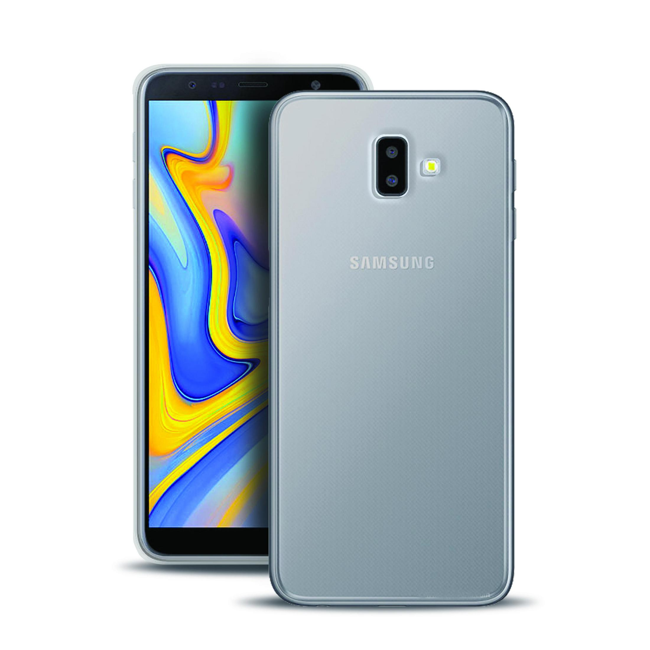 Telefono Samsung con custodia trasparente, che mostra il telefono e il retro con il logo Samsung.