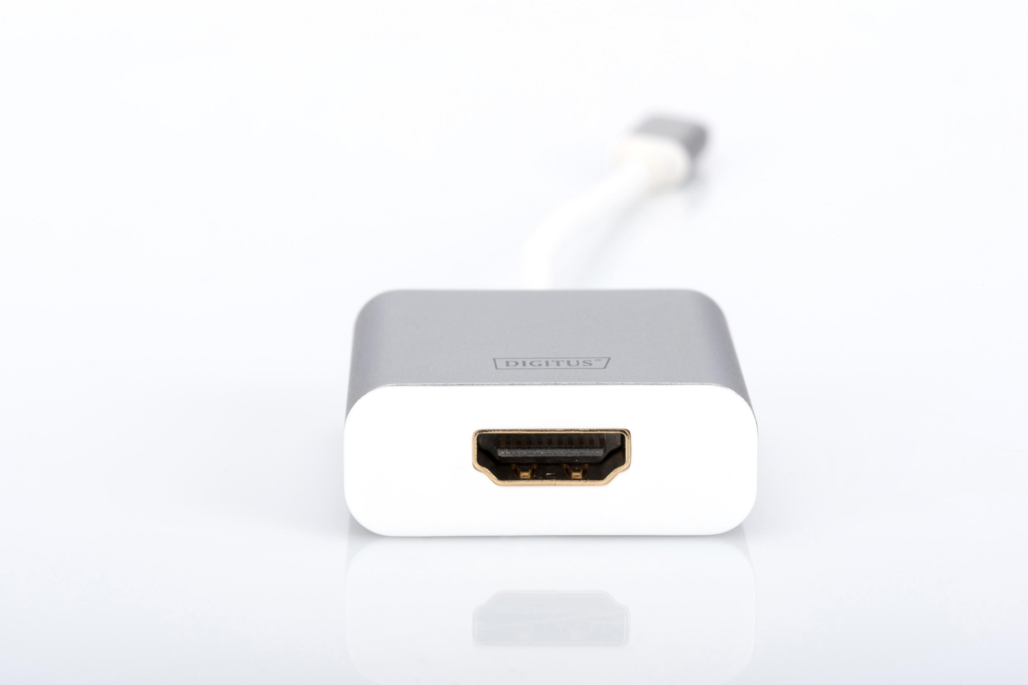 Silberner HDMI-Adapter mit weißem Kabel. Schwarzer HDMI-Anschluss. Weißer Hintergrund.