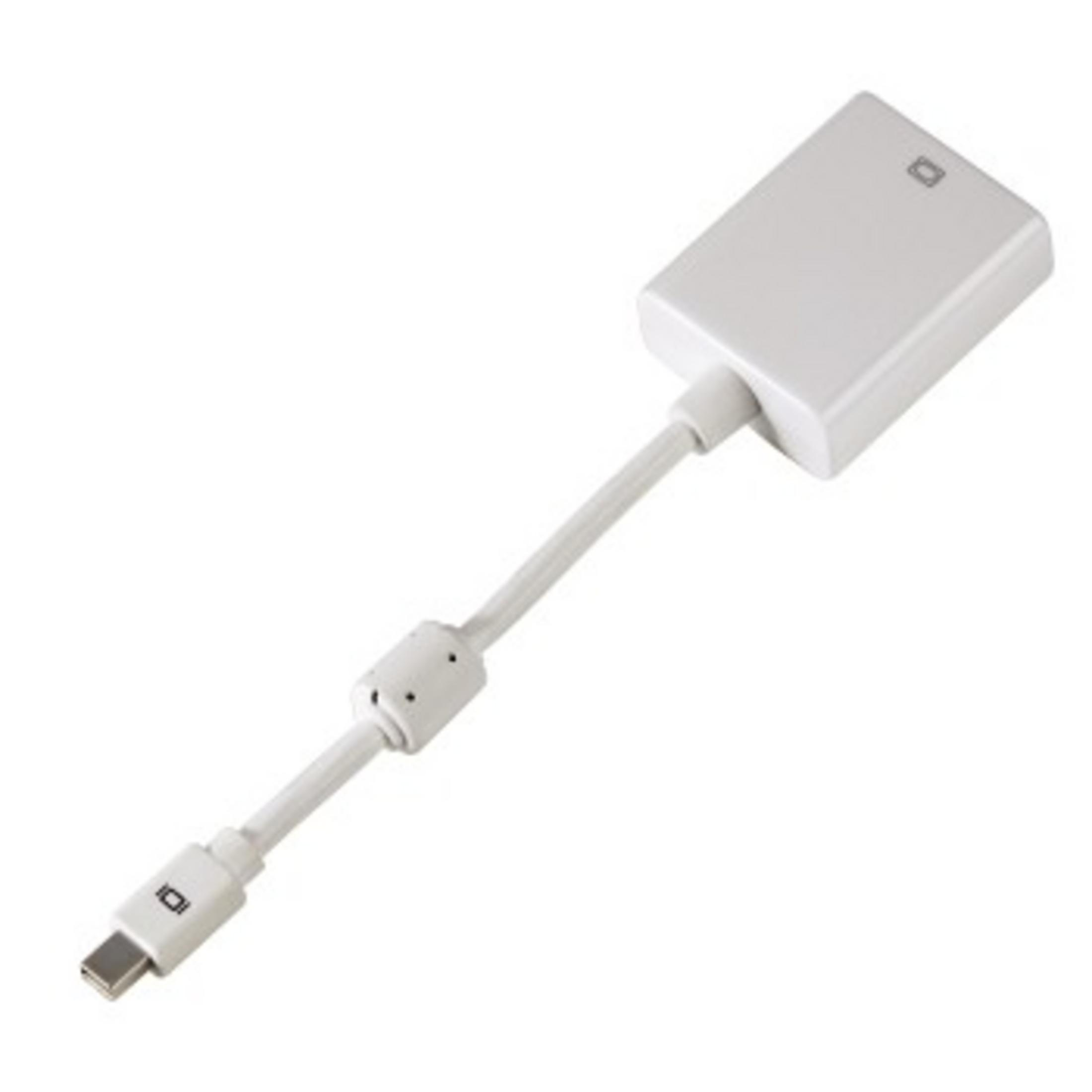 Weißer Adapter mit USB-C- und DisplayPort-Anschluss, auf weißem Hintergrund.