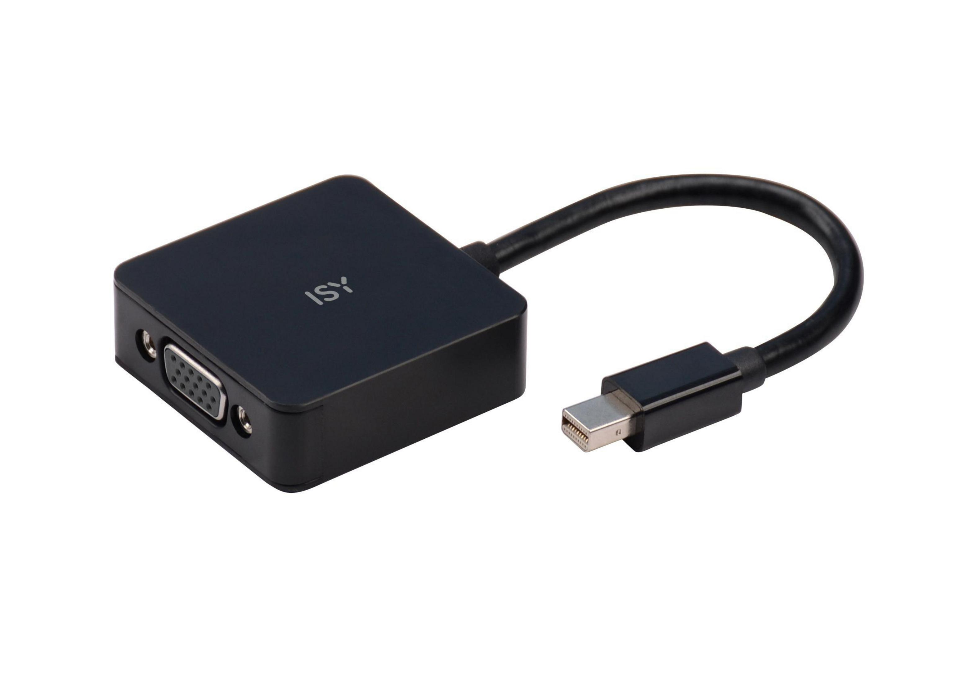 Schwarzer ISY-Adapter mit VGA-Anschluss und Mini-DisplayPort-Anschluss auf Weiß.