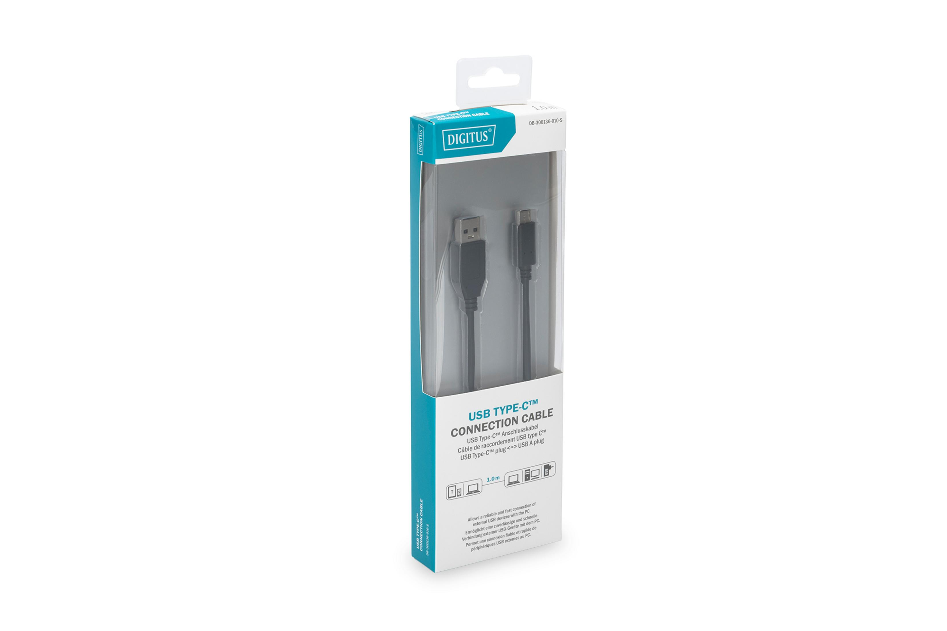 Câble USB Type C dans une boîte Digitus blanche, avec fenêtre transparente.