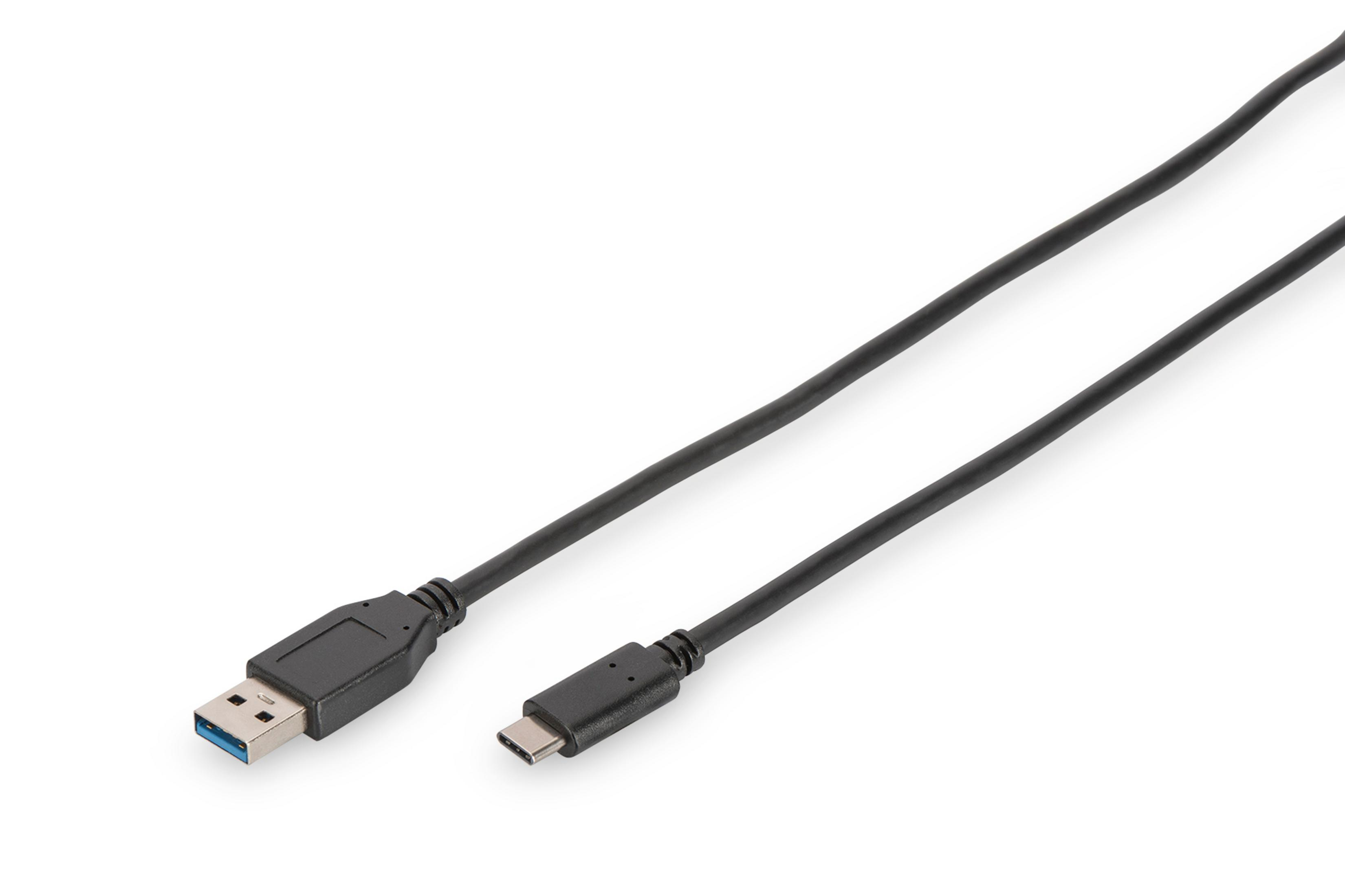 Câble USB noir avec connecteurs USB-A et USB-C, posé sur une surface blanche.