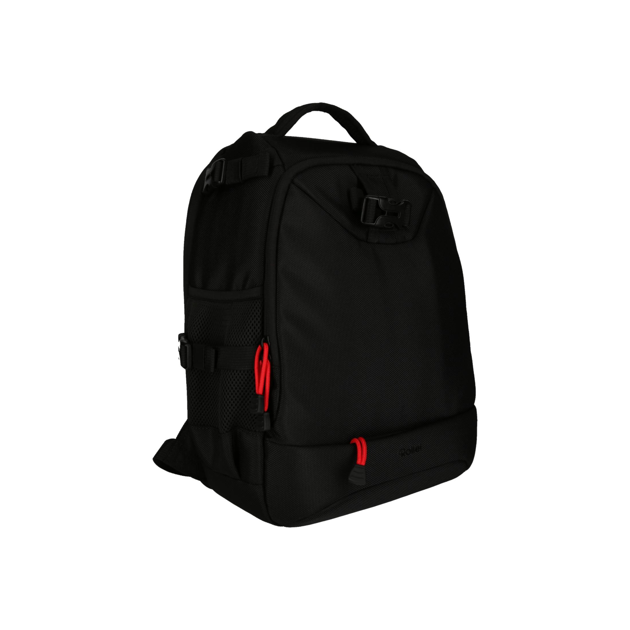 Schwarzer Rucksack mit roten Akzenten auf weißem Hintergrund. Netztasche an der Seite.