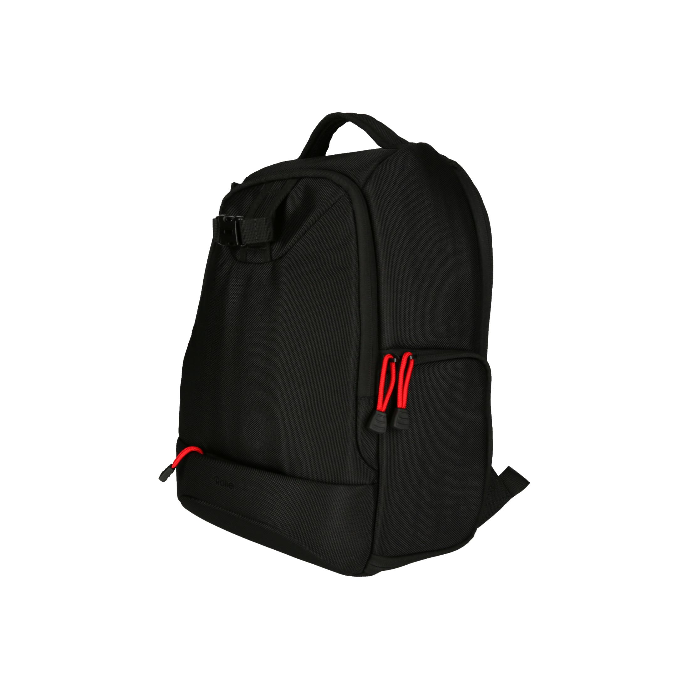 Schwarzer Rucksack mit roten Akzenten. Der Rucksack hat ein paar Taschen und Reißverschlüsse.