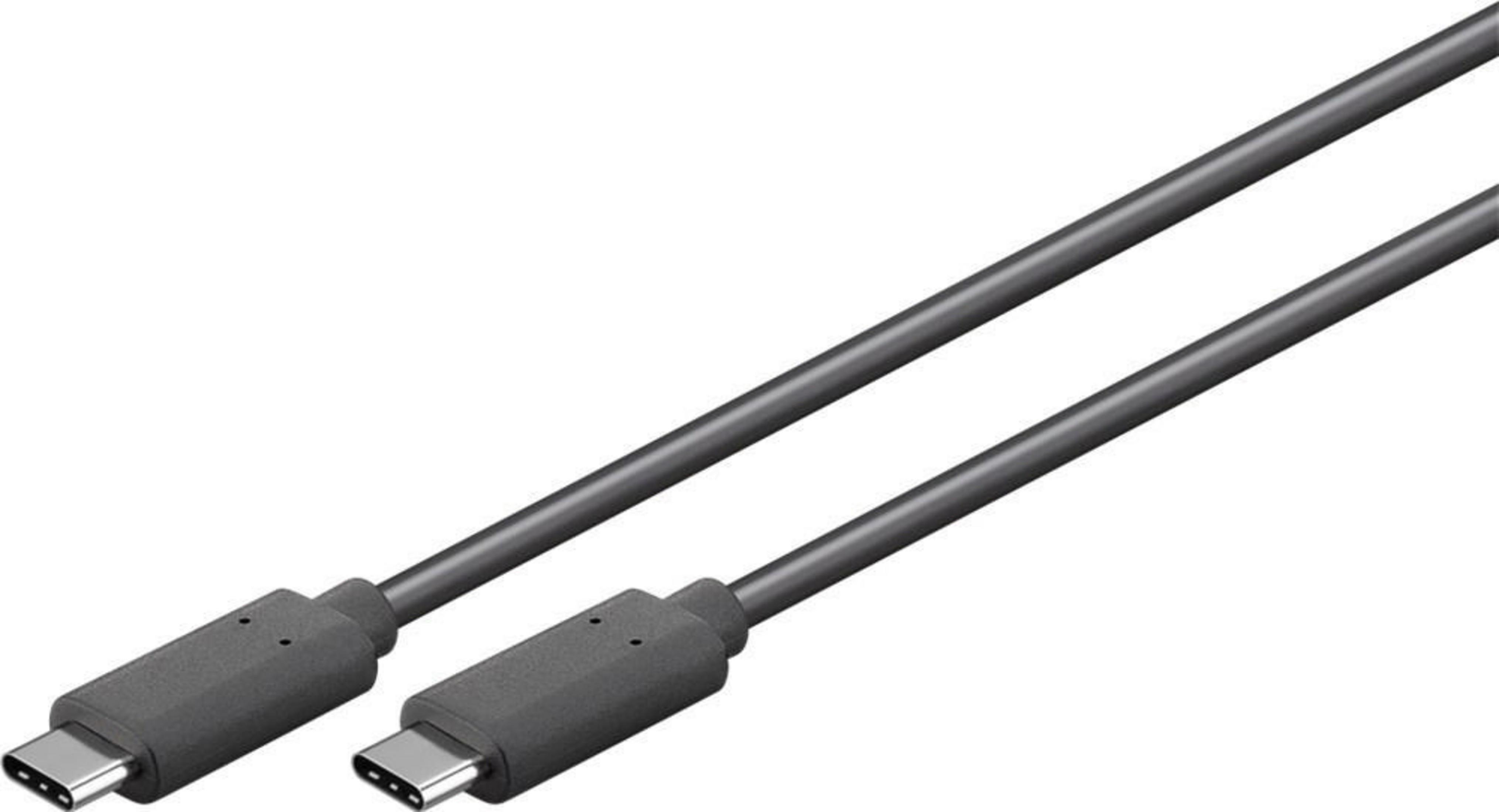 Schwarzes USB-C-Kabel. Zwei Stecker, gerades Kabel. Dunkelgraue Farbe.