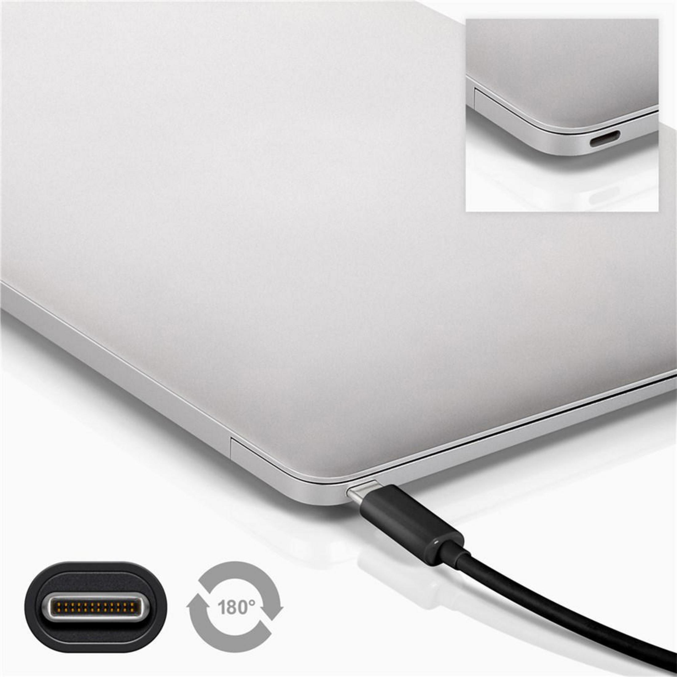 Laptop mit schwarzem Ladekabel. Nahaufnahme zeigt Anschluss und Stecker.