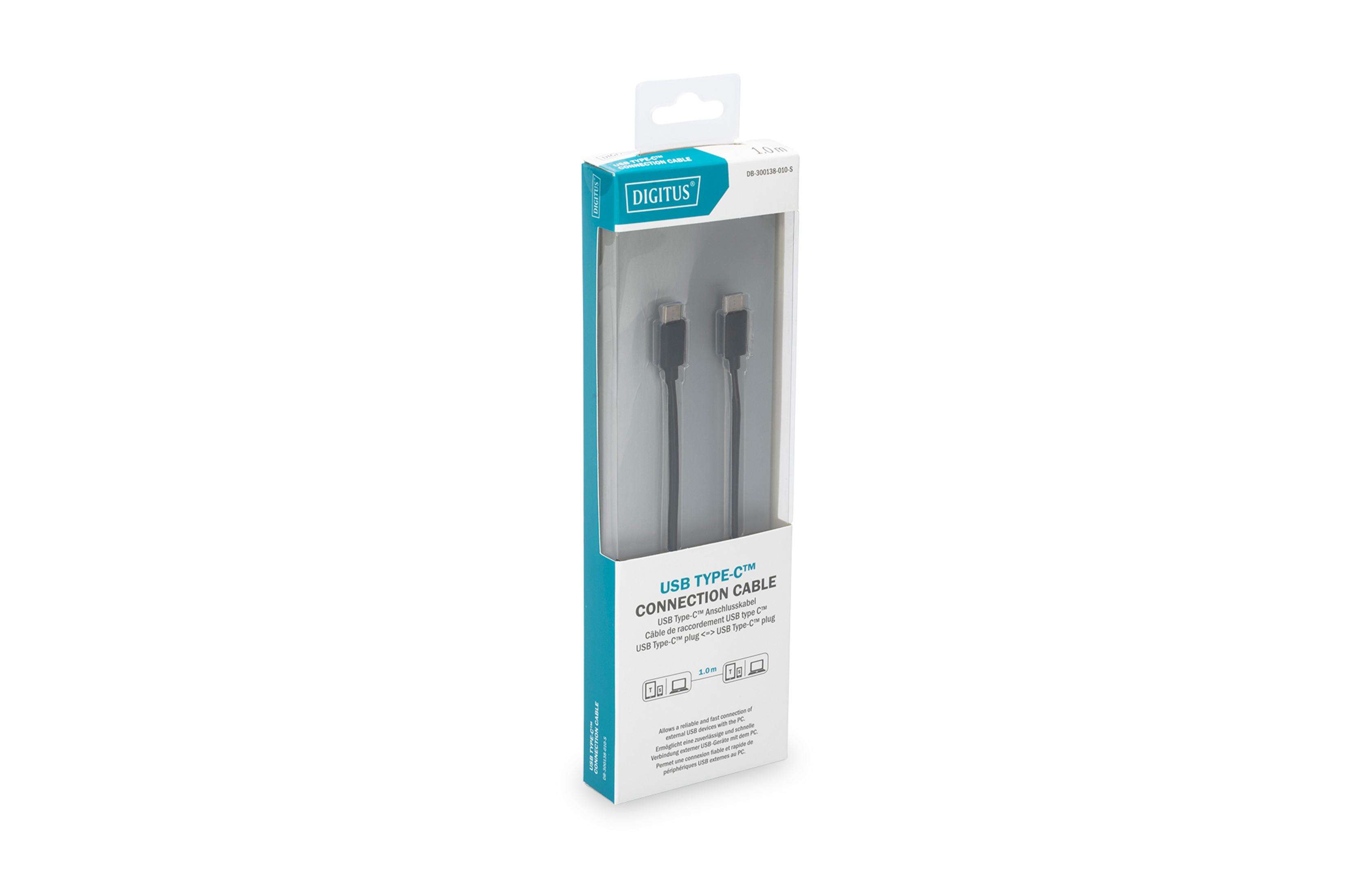 Cavo USB Type C nero in una scatola, con sfondo bianco.