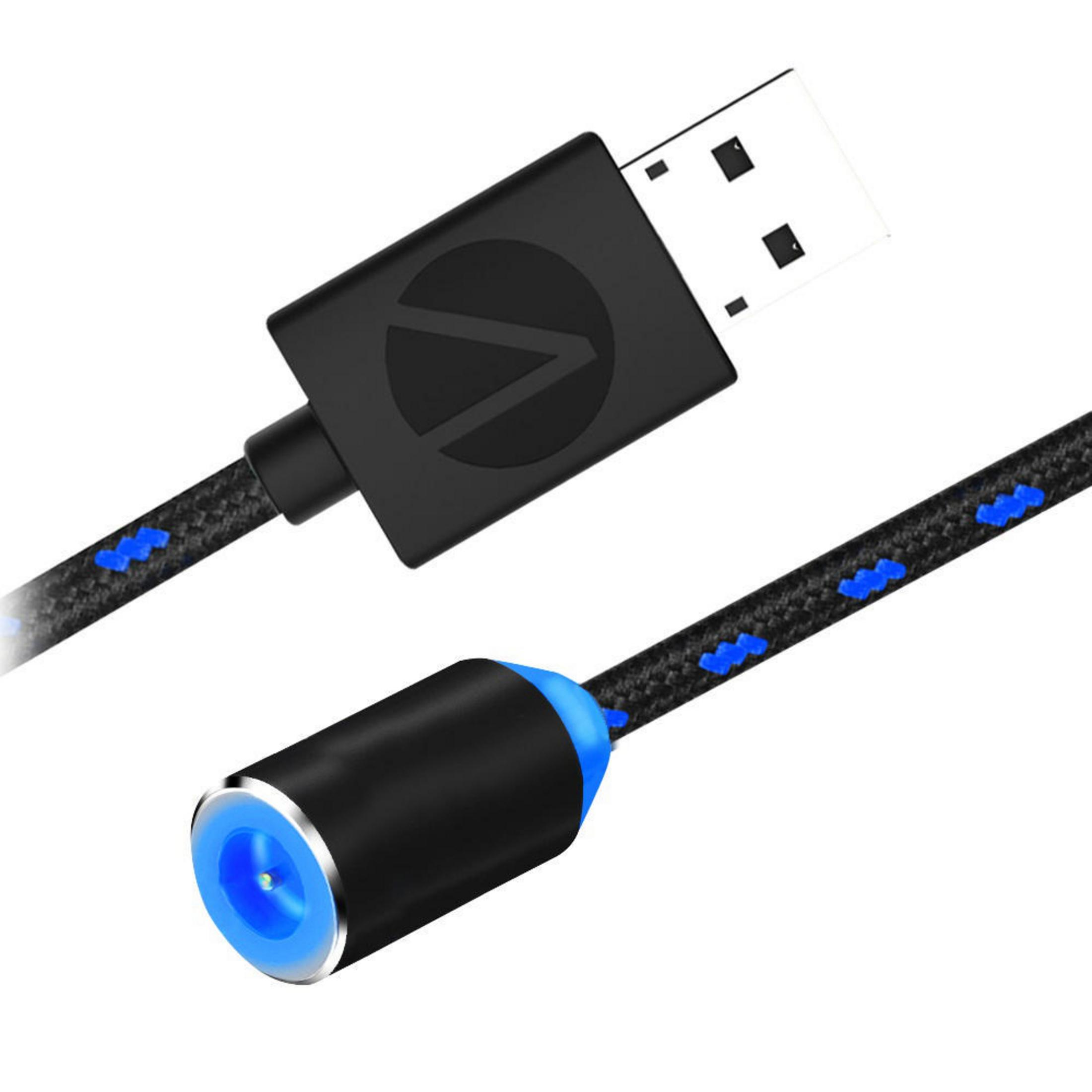 Schwarzes USB-Kabel mit blau beleuchtetem Stecker. Weißer Hintergrund.