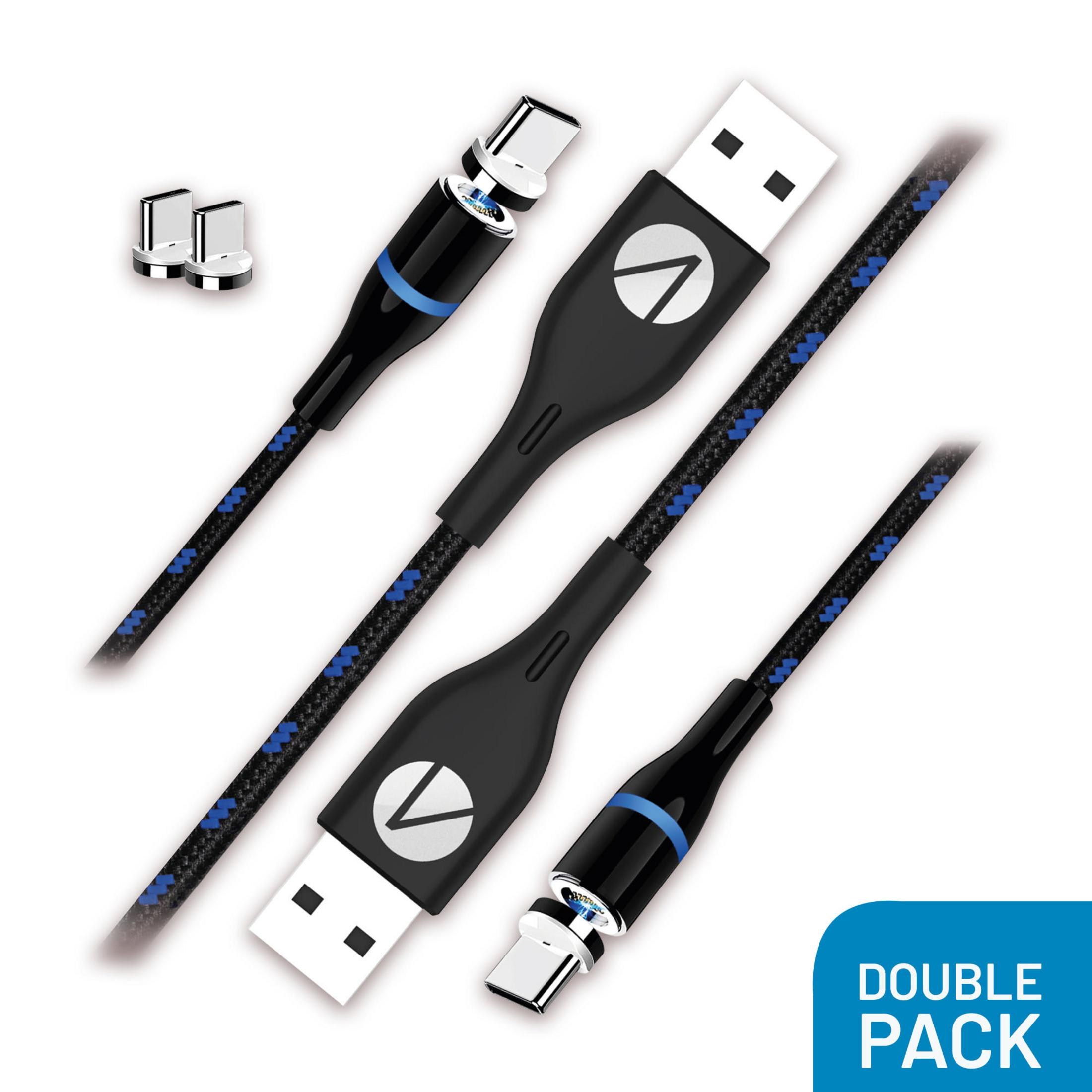 Schwarz-blaue geflochtene USB-Kabel mit Doppelpack-Etikett.