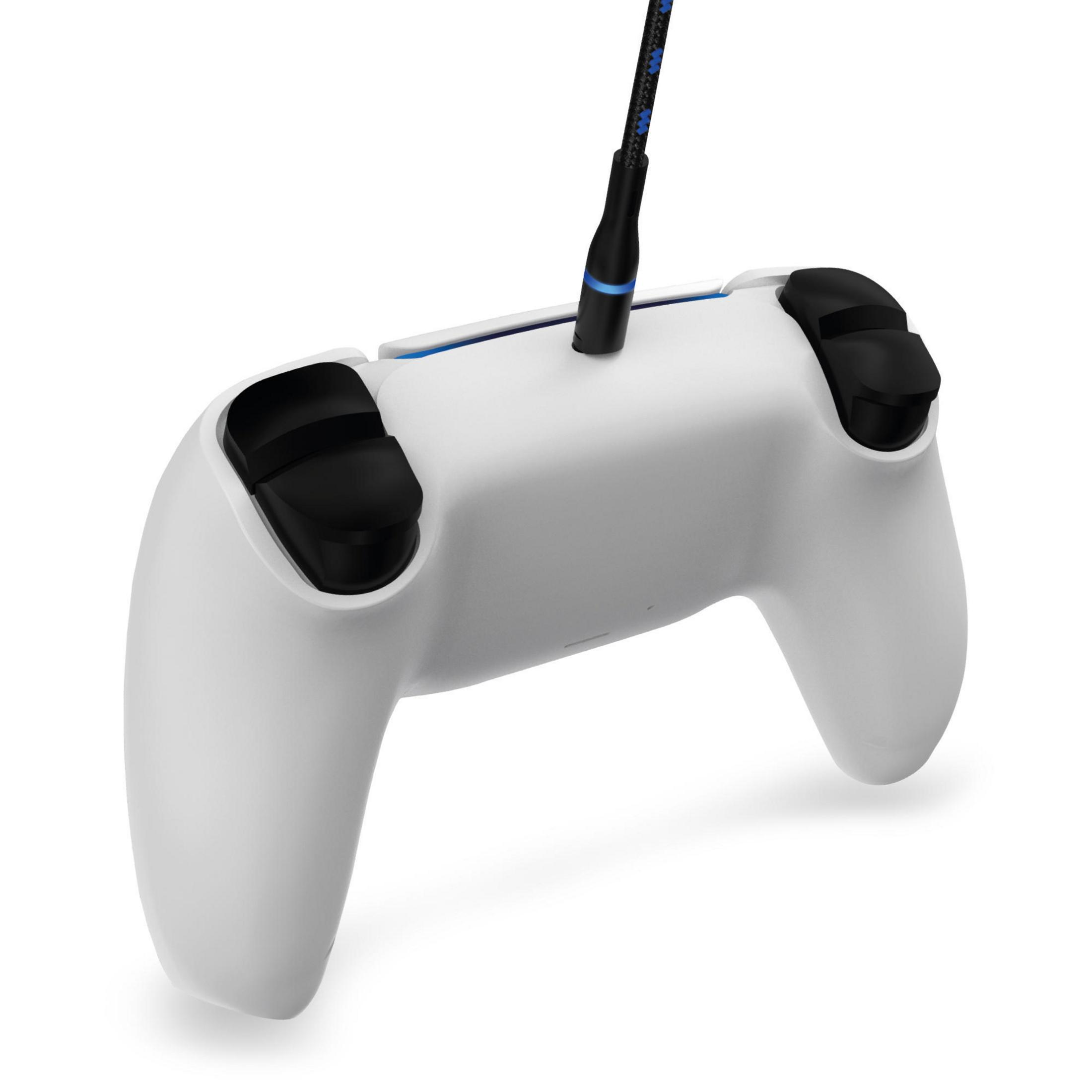 Weißer Playstation-Controller mit schwarzen Analogsticks und USB-Kabel.